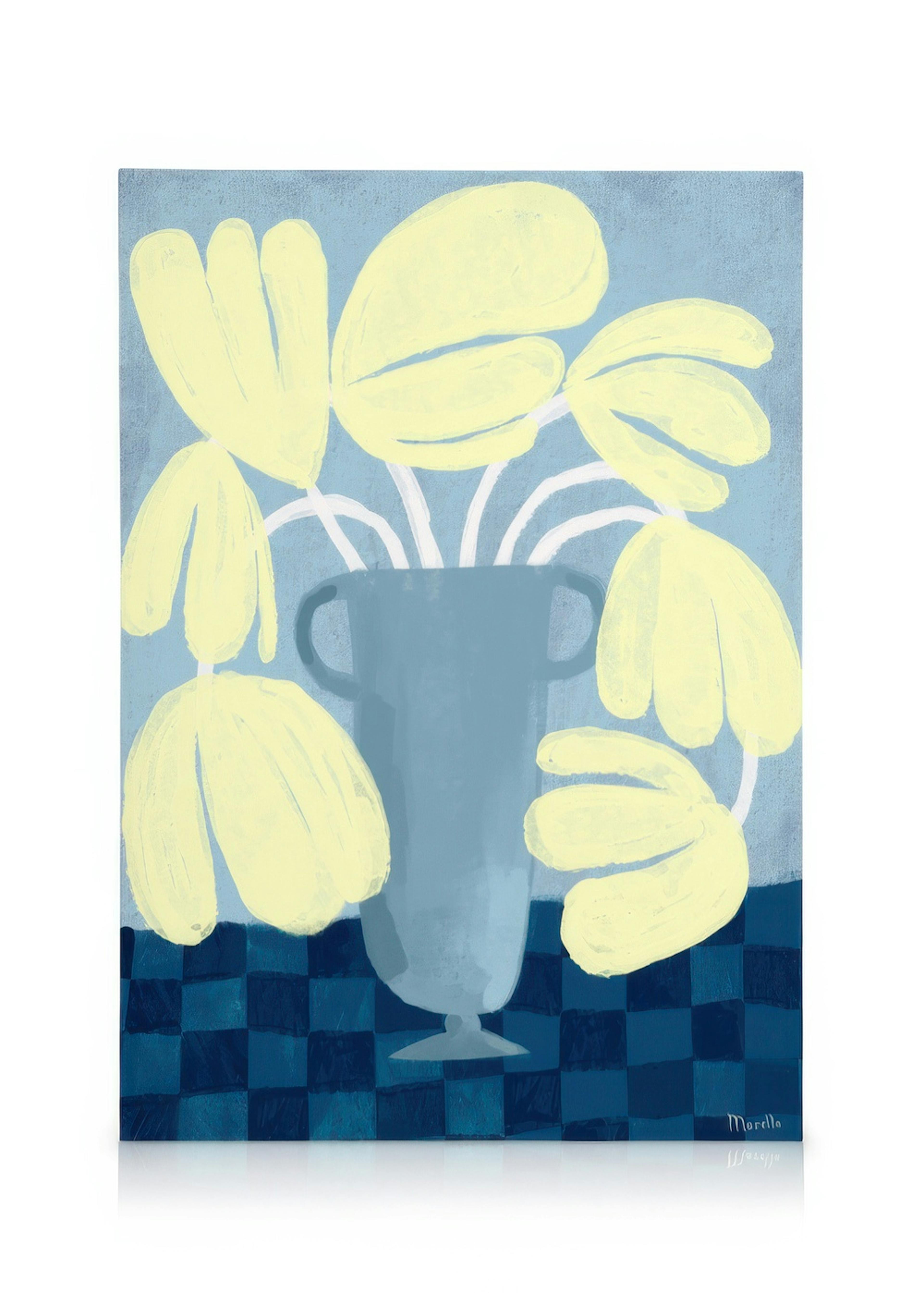 Marellas Dance of Flowers canvas print: yellow plants in a gray vase on a blue and black checkerboard surface.