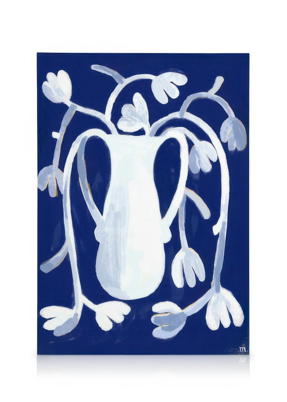 Λευκό βάζο με φυτά σε μπλε φόντο, ζωγραφική σε καμβά, Marco Marella.