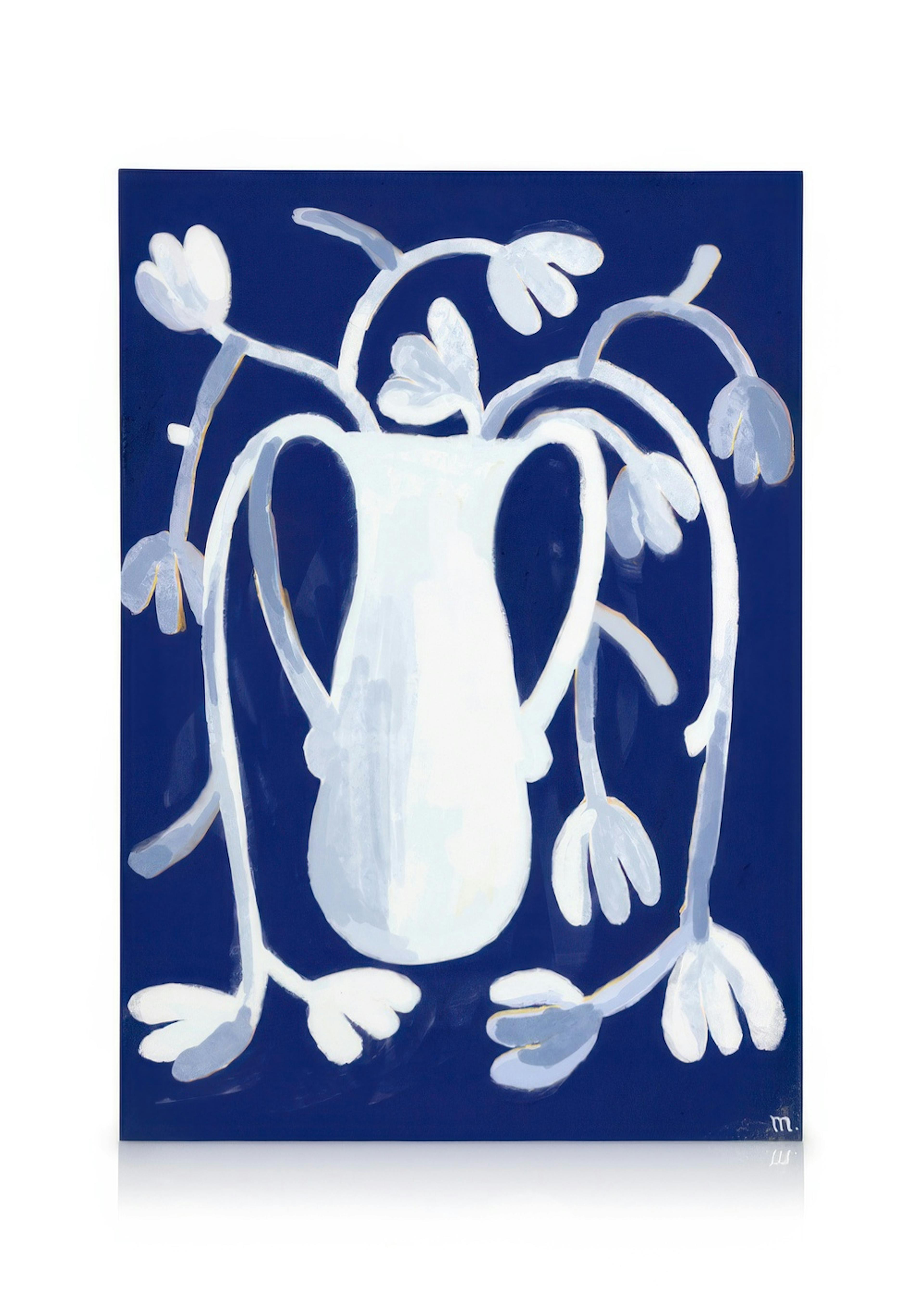 Λευκό βάζο με φυτά σε μπλε φόντο, ζωγραφική σε καμβά, Marco Marella.