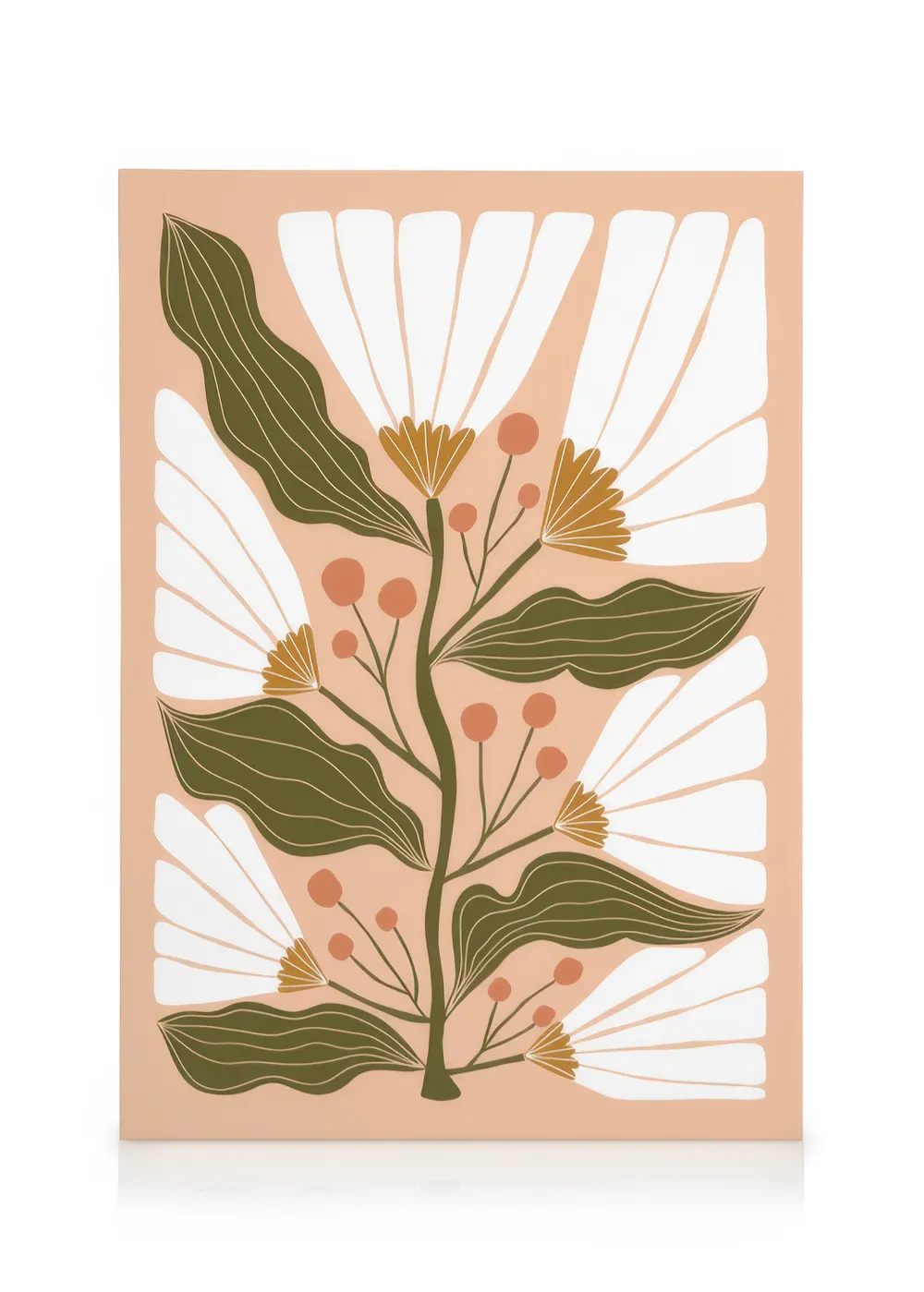 Toile nature beige avec plante graphique, feuilles vertes, tiges brunes et fleurs jaunes sur fond rose.