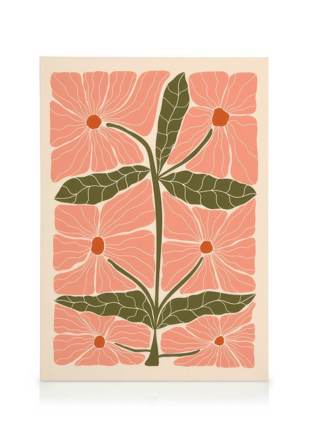 Lærred med Franny-blomsterprint: lyserøde blomster i rektangulære former, grønne blade, beige baggrund. Blomsterkunst, lærredsku