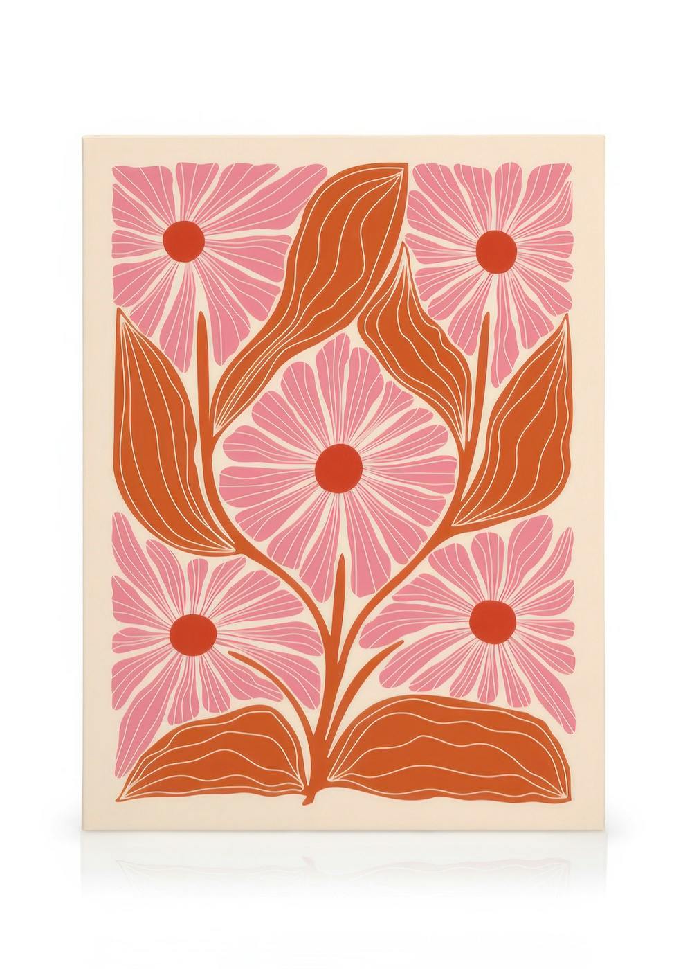 Stampa su tela Paige di Rebecca Zwanzig con fiori rosa stilizzati e foglie marroni su sfondo beige chiaro.