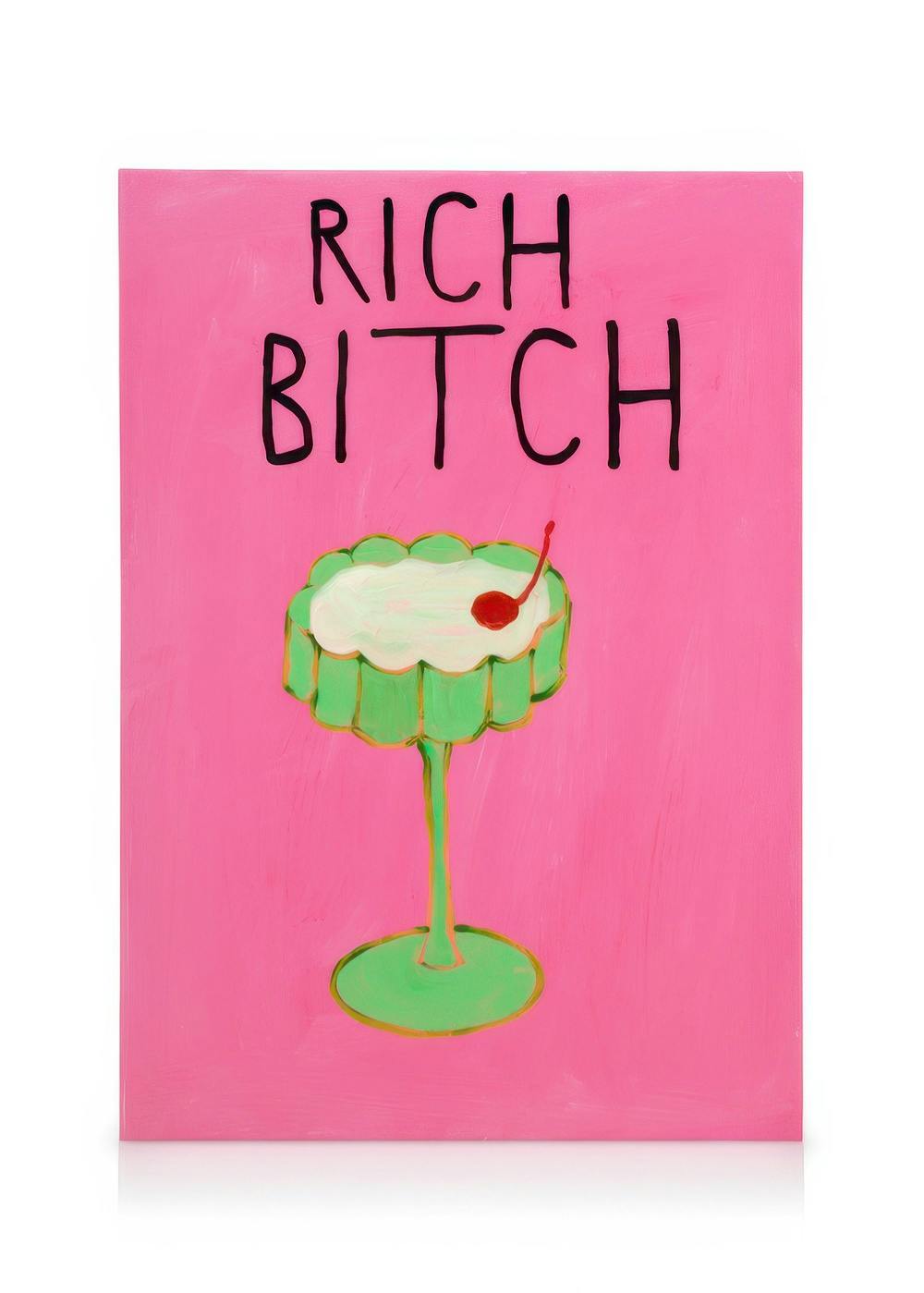 Britty Flynnin Rich Bitch -kanvaasi, jossa on teksti RICH BITCH ja vihreä pirtelö lasissa pinkillä pohjalla.