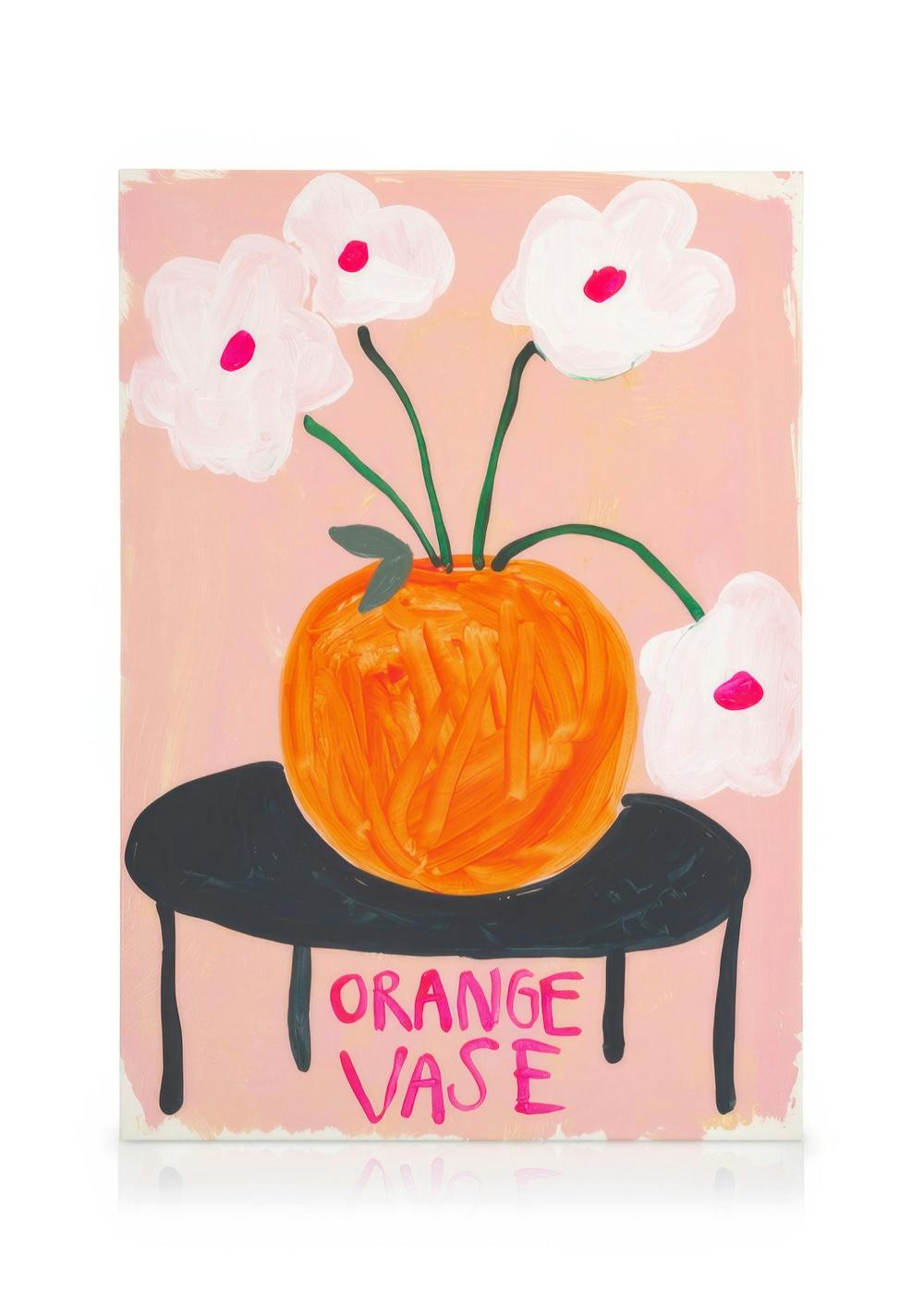 Stampa su tela Britty Flynn Vaso Arancione, pittura astratta con vaso arancione, fiori bianchi, testo Orange Vase su sfondo rosa