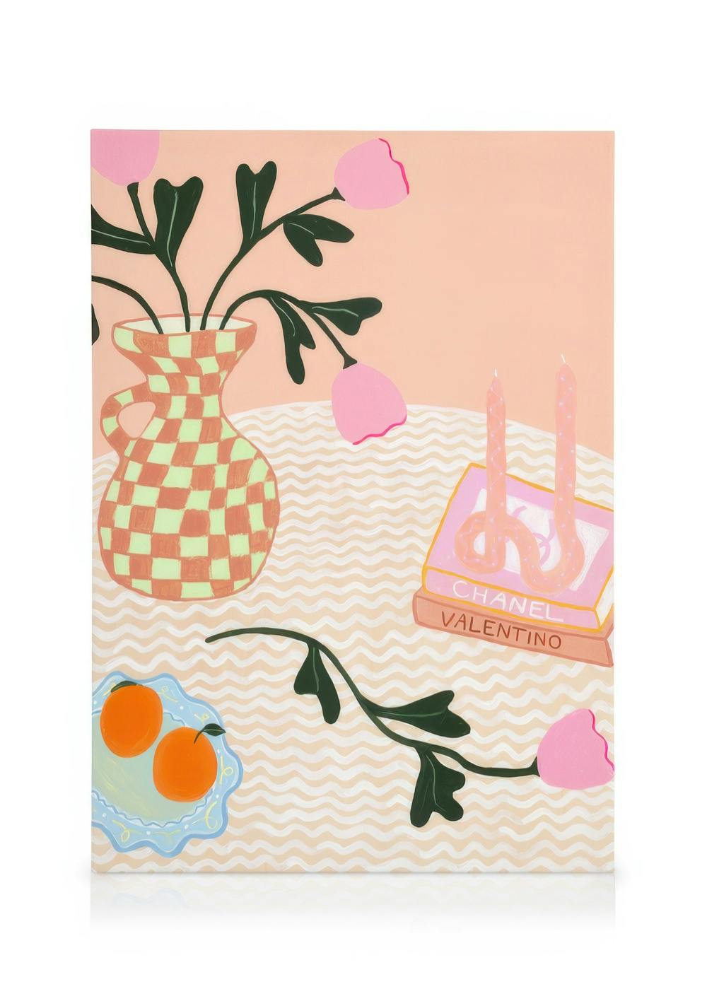 Britty Flynn Summer in Paris canvas print, featuring a checkered vase with pink flowers, two oranges on a plate, and pink candle