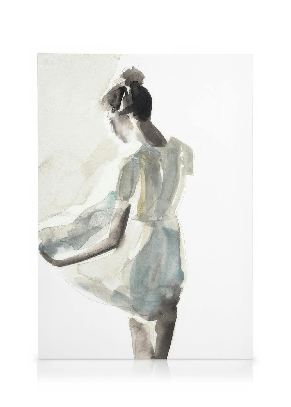 Aquarell-Leinwandbild einer Frau in gedeckten Tönen, die sich bückt, mit fließenden Formen und zarten Schatten. Pikapika-Kunst.