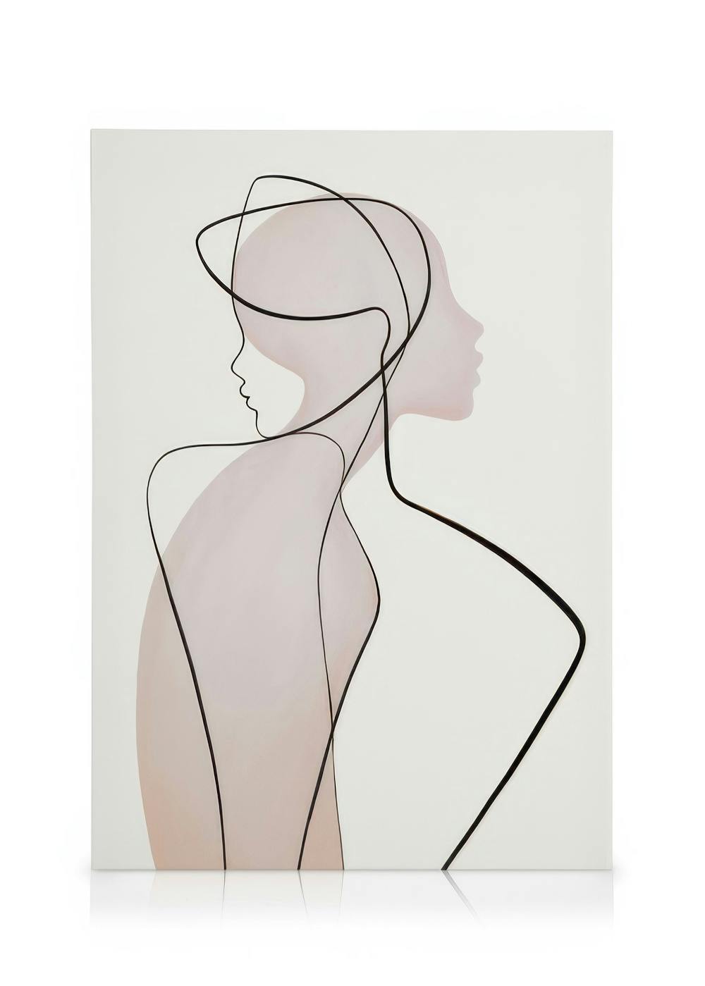 Line art canvas with black outlines of two figures on a beige background, creating an abstract, modern look.
