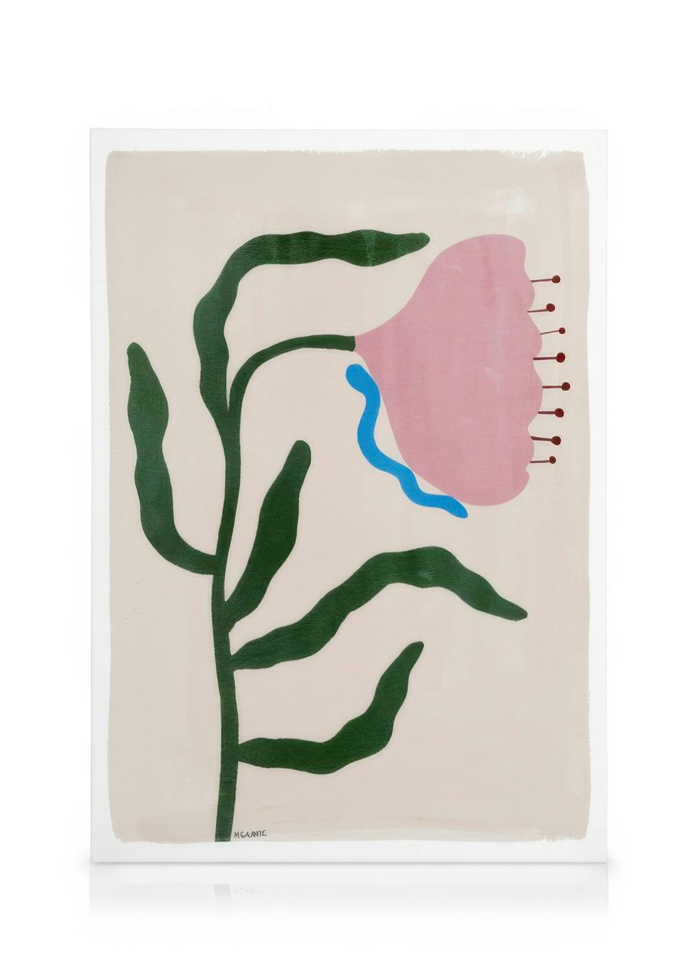 Megan Galante Morning Floral canvas print, stylized pink flower illustration with green leaves, brown dots, and a blue accent on