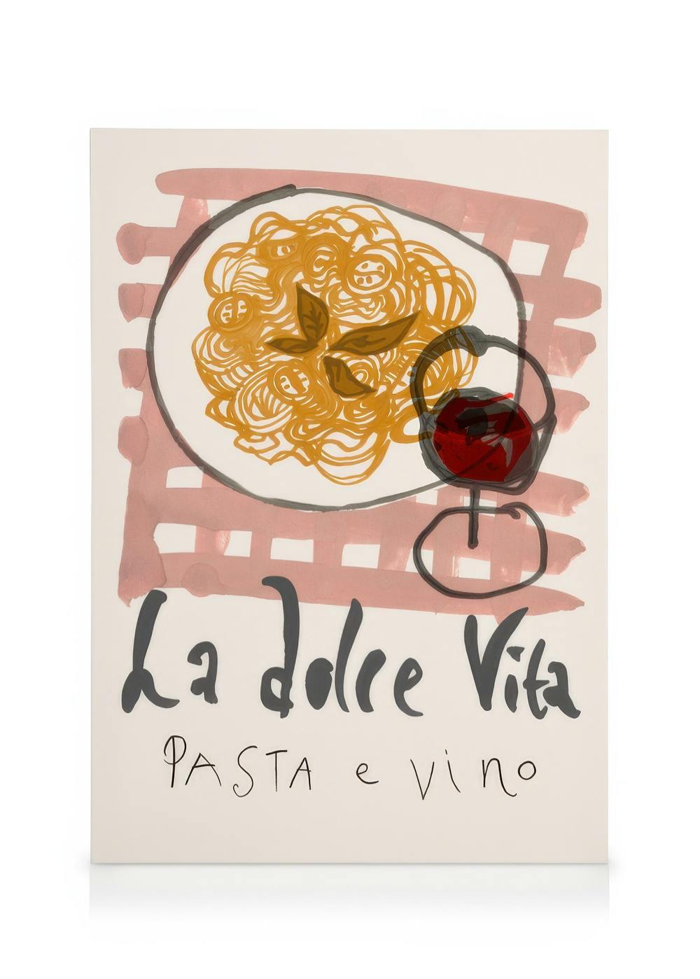 Lienzo La Dolce Vita con pasta, vino tinto y texto, ideal para cocina o comedor.