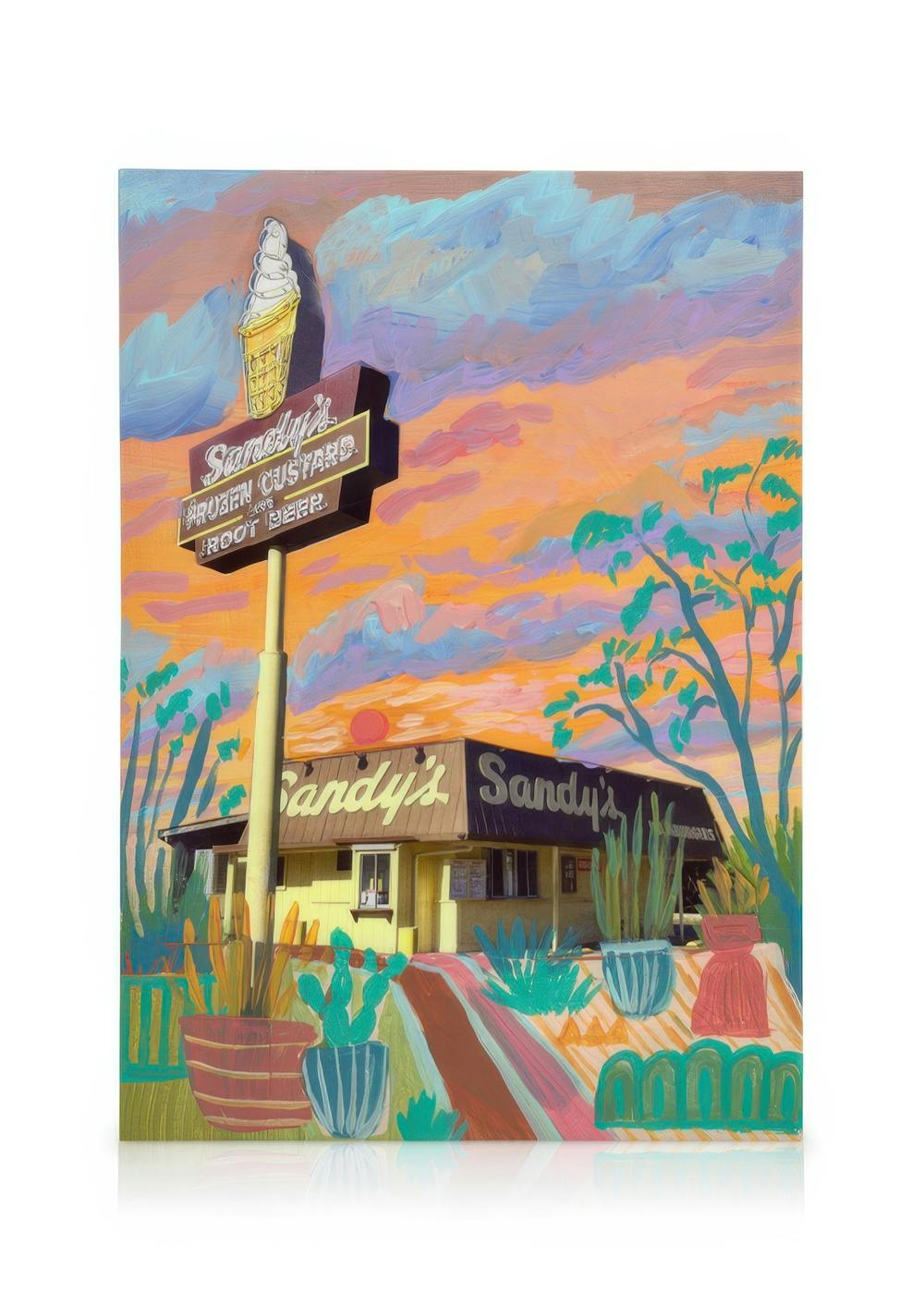 Vibrant acrylic painting of Sandys in Austin with an orange, blue, and purple sky, surrounded by lush green plants.