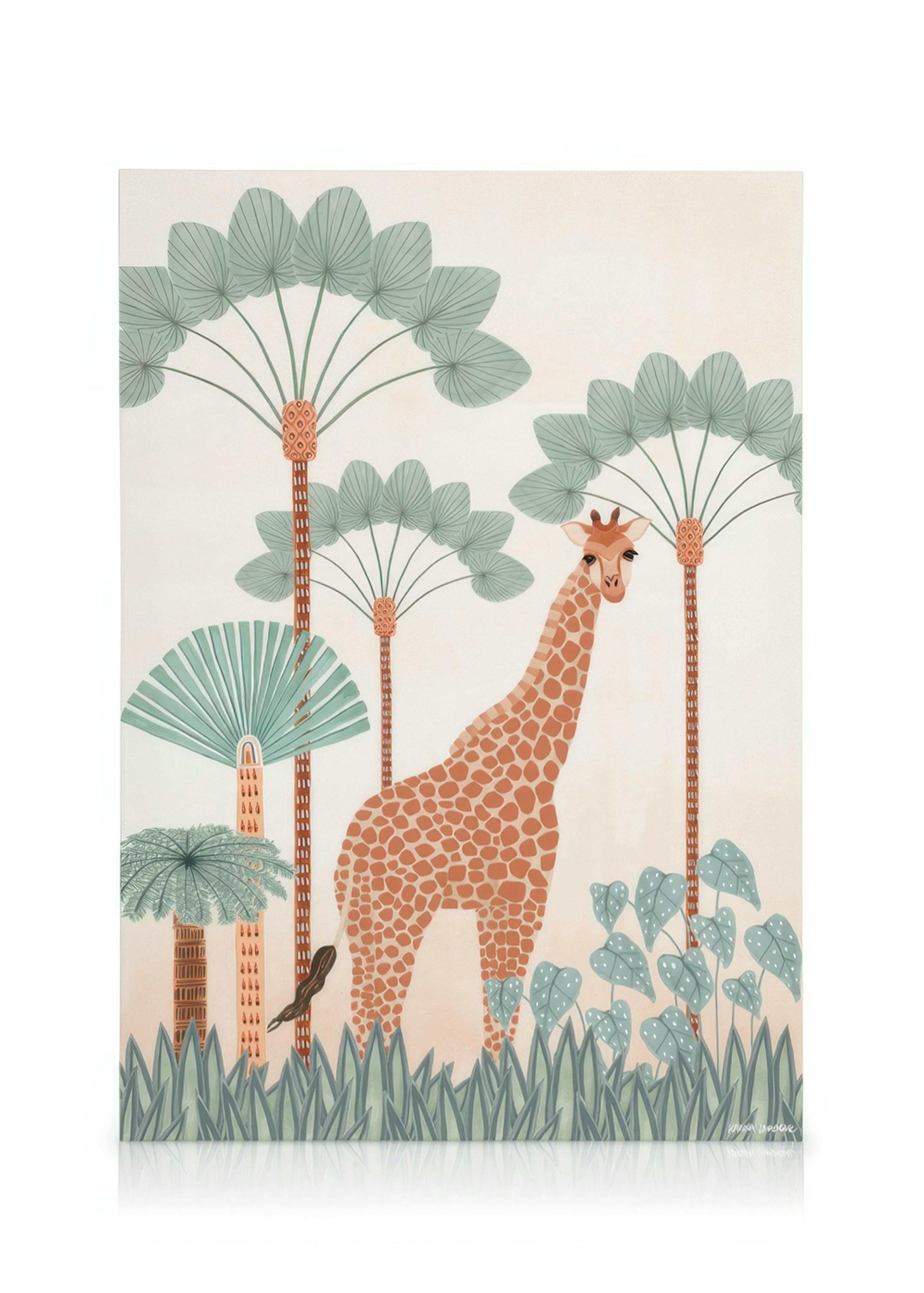 Giraffe in lush jungle wall art canvas print with green and blue plants.