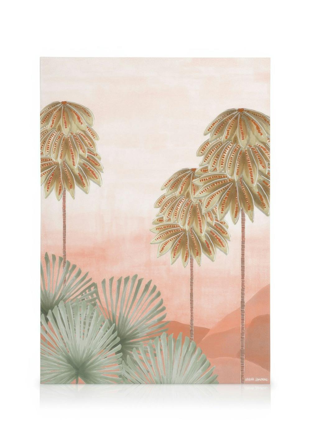 Canvas met weelderig bos, hoge waaierpalmbomen en groen gebladerte tegen een roze en oranje lucht.