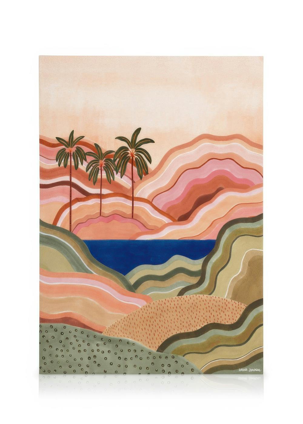 Karina Jambrak canvas print: pink, brown, and green hills, four palm trees, blue water, light pink sky. Coastal landscape art.
