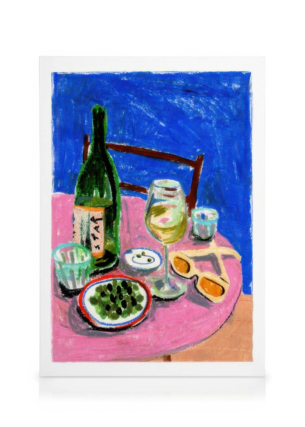 Pastel table canvas print with wine bottle, glasses, olives, and sunglasses in loose brushstrokes