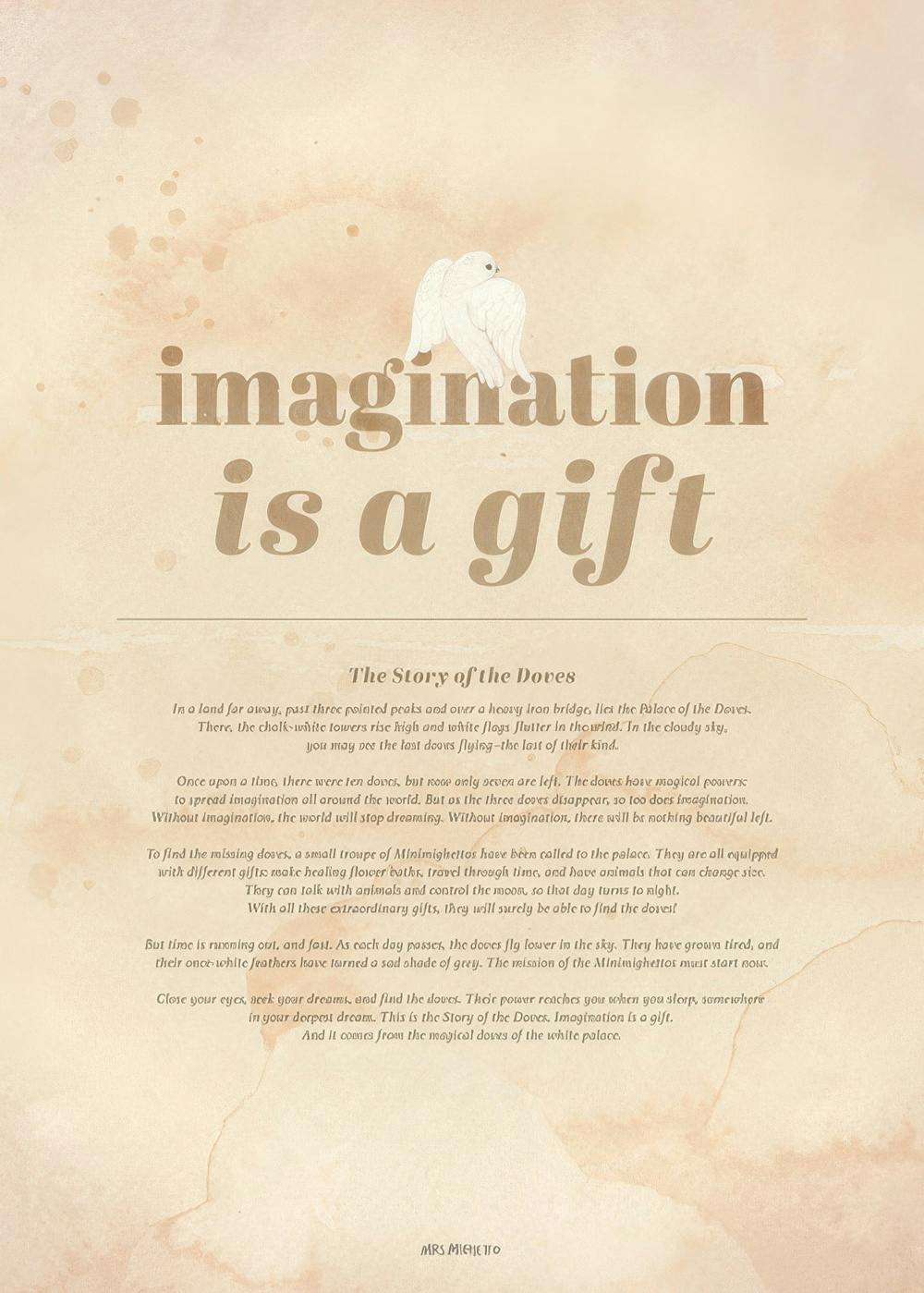 Poster beige con un testo che narra la storia delle colombe e la frase imagination is a gift