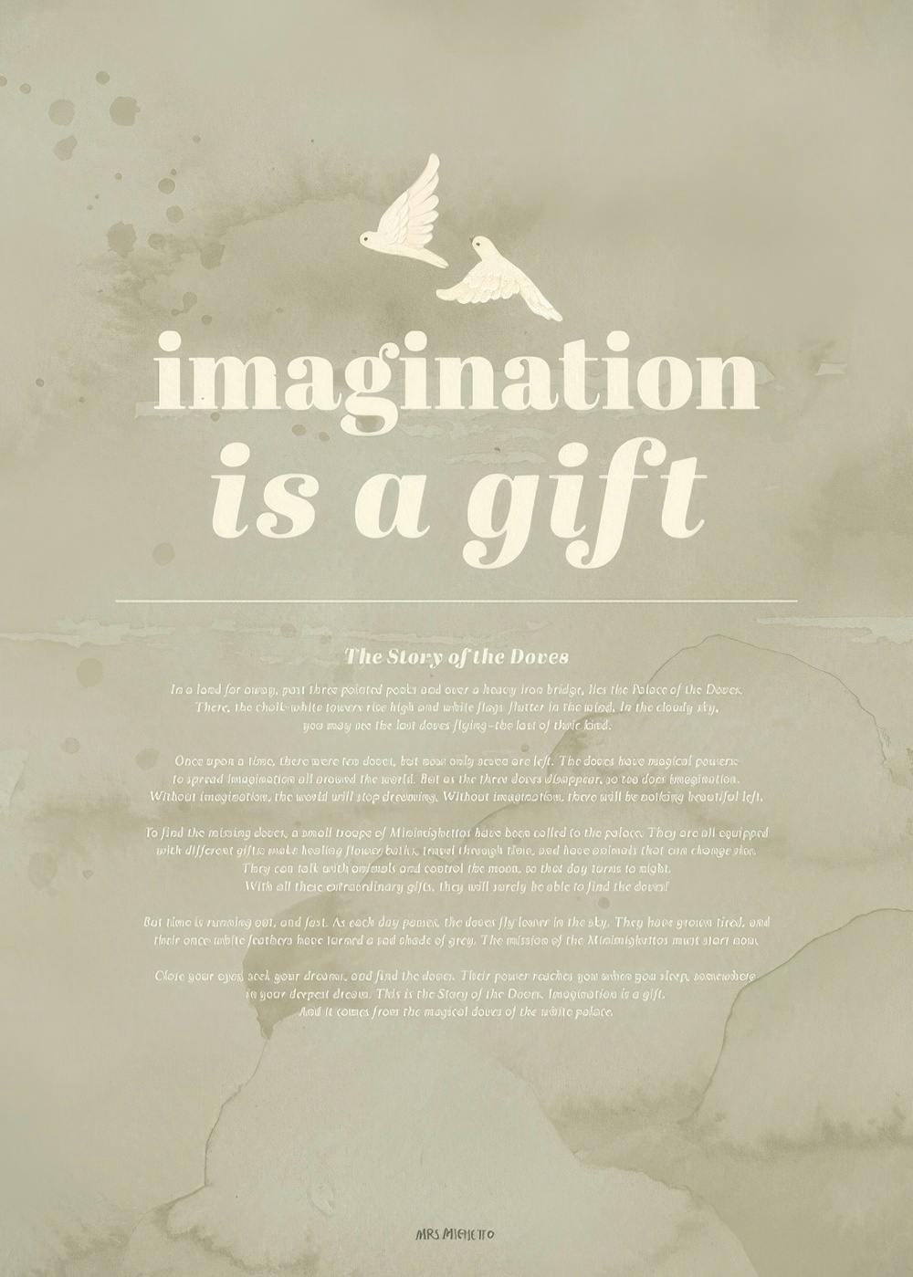 Poster verde con due colombe bianche e testo imagination is a gift per cameretta bambini.