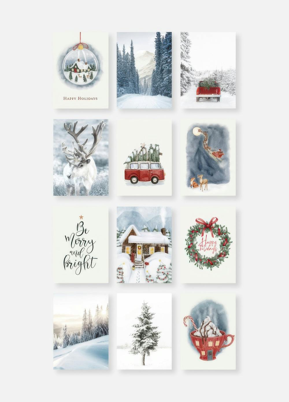 Una mesa de comedor con un mantel beige, decorada con varios pósters de Navidad y elementos festivos.