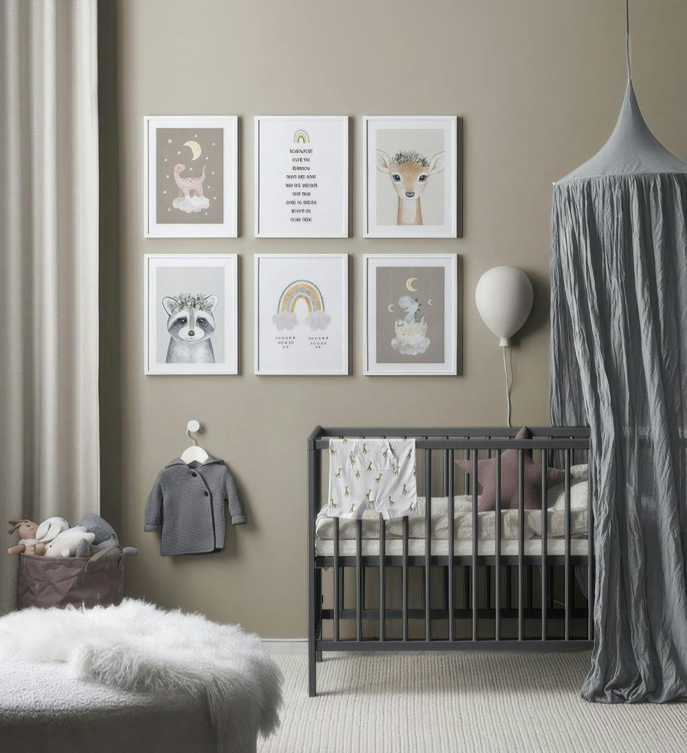 Décoration murale pour chambre denfant avec six affiches danimaux et de motifs doux dans des teintes neutres.