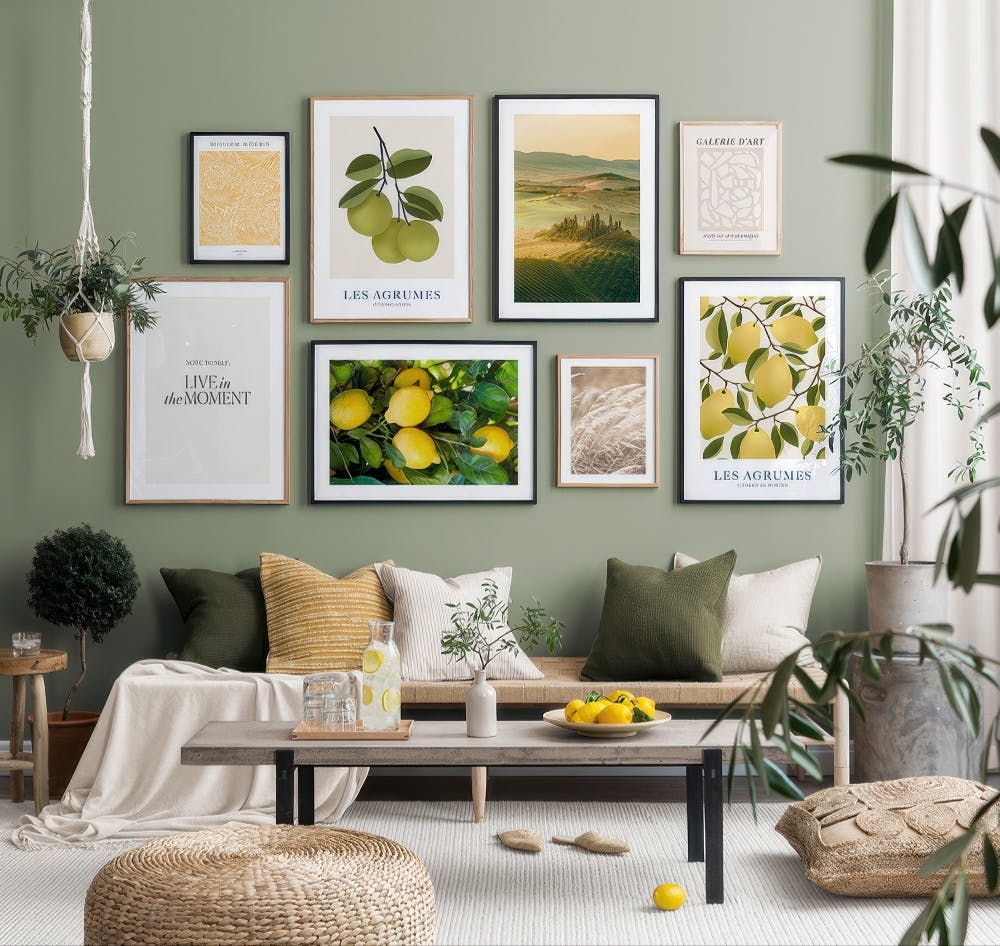 A gallery wall featuring a mix of botanical prints with lemons and green apples, landscapes, and abstract art, above a sofa.