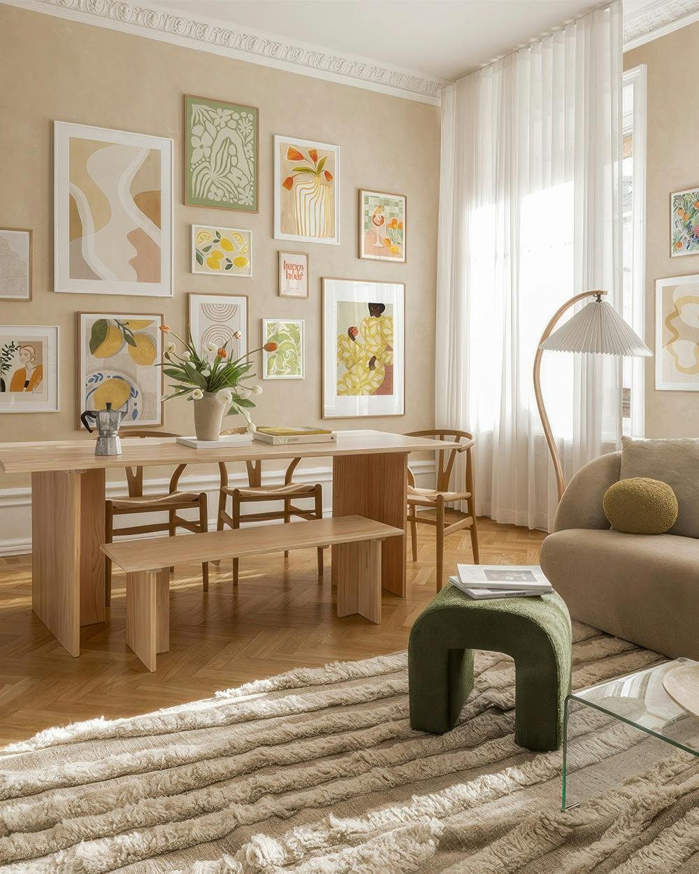 A gallery wall with abstract and nature-inspired prints in warm tones, including fruits, plants, and figures, above a wooden din