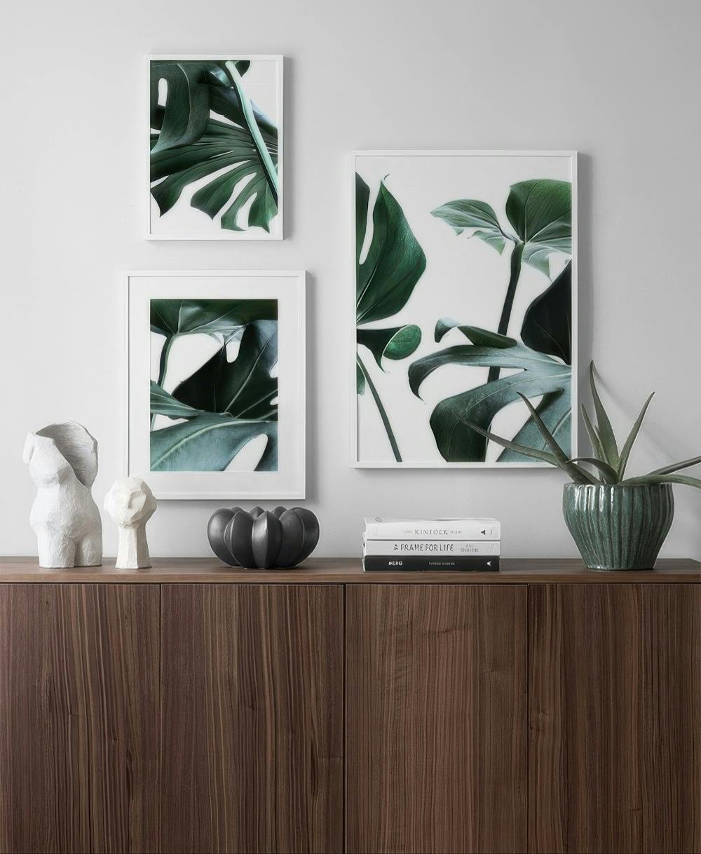 En tavelvägg med tre vita inramade posters med gröna monstera-blad, ovanför ett mörkt träskåp.
