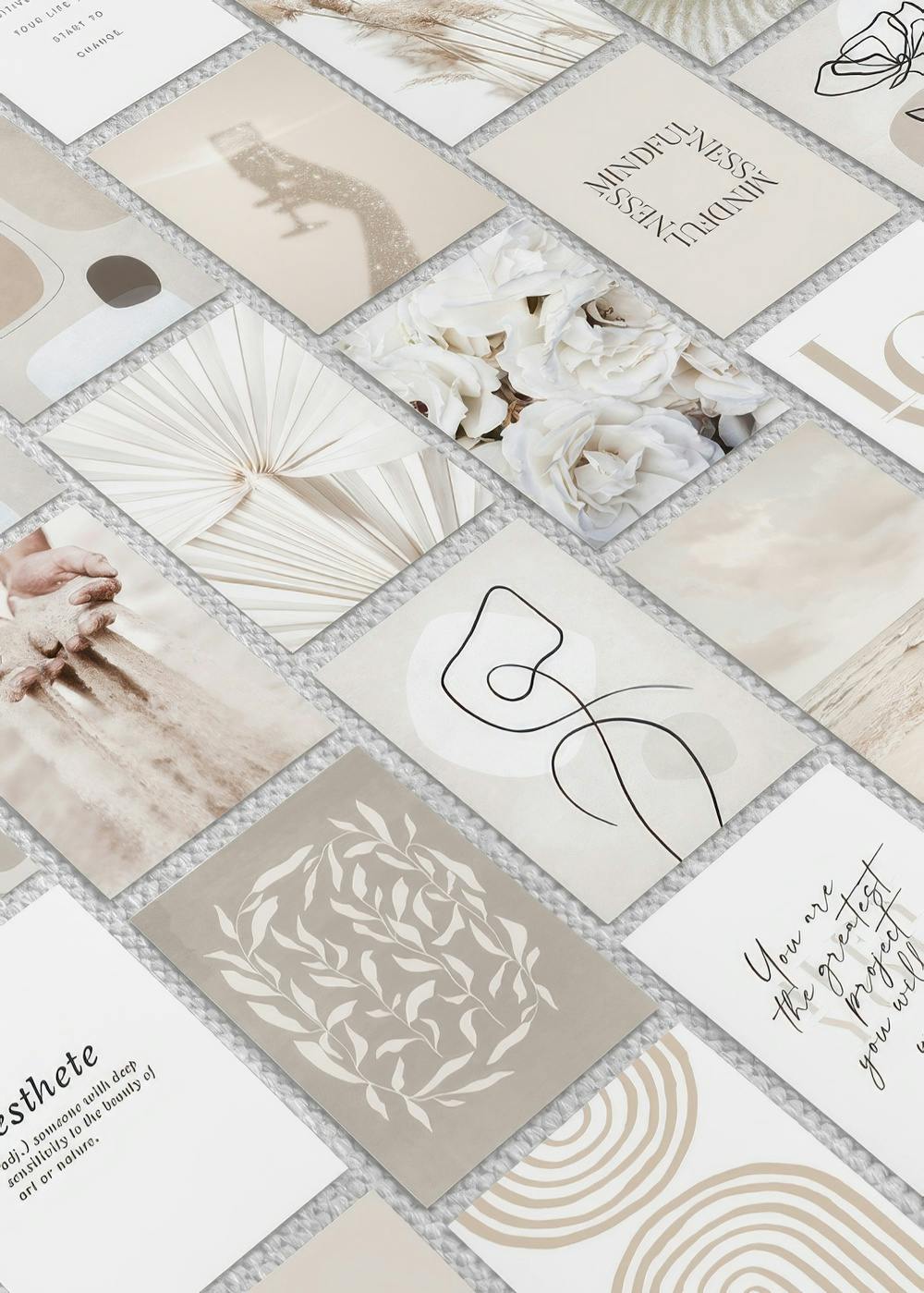 Kit de 20 affiches beiges et blanches avec illustrations, photographie et typographie abstraites