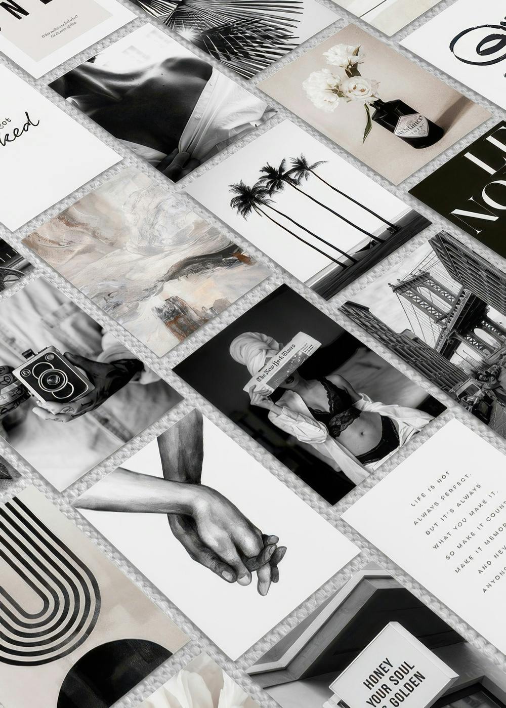 Schwarz-Weiß-Poster-Set mit 20 Kunstdrucken, darunter Textposter, Illustrationen und Fotos von Palmen, Stadtansichten und Lifest