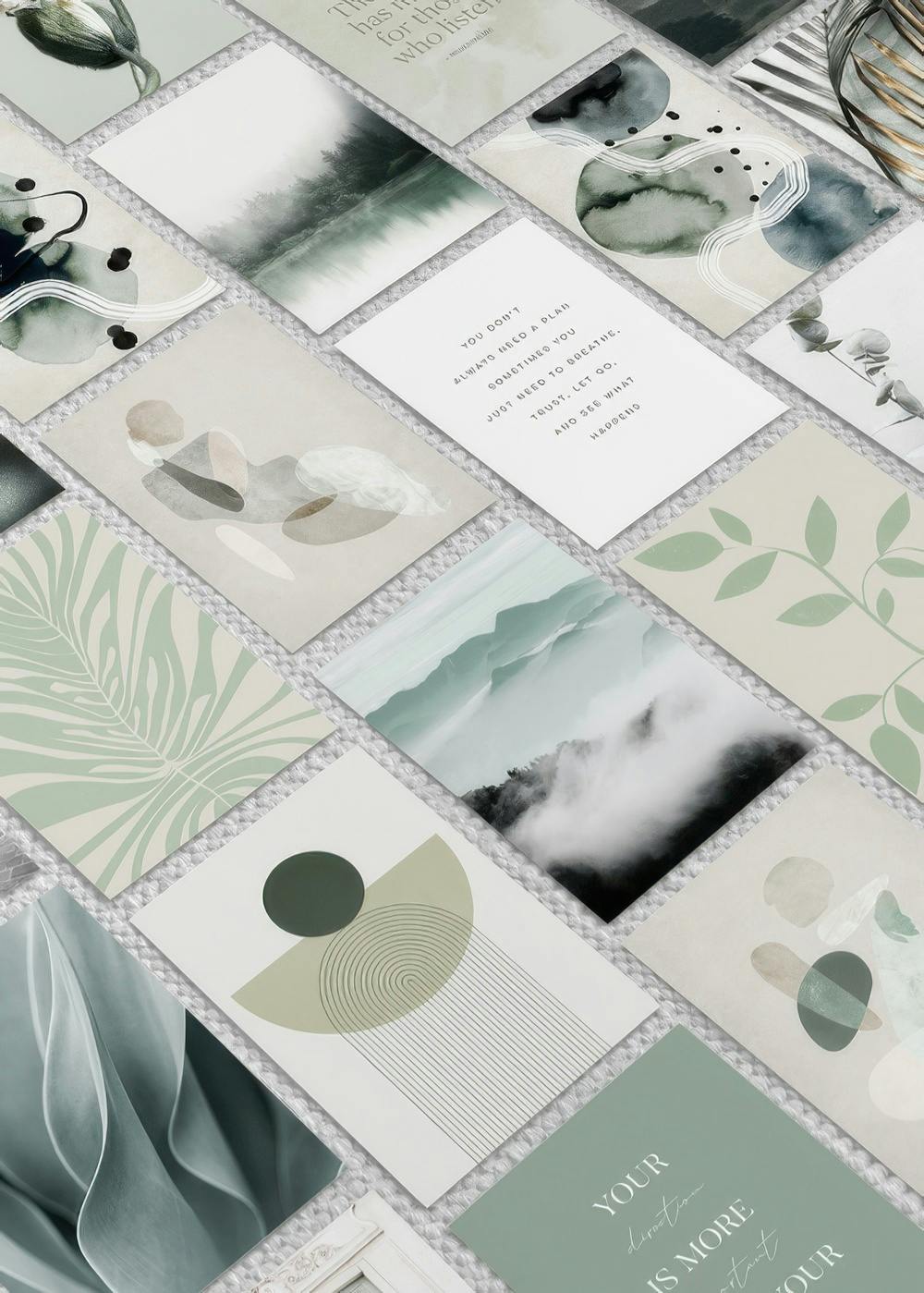 Kit de 20 affiches A5 bleues et vertes avec des motifs naturels, abstraits et de typographie