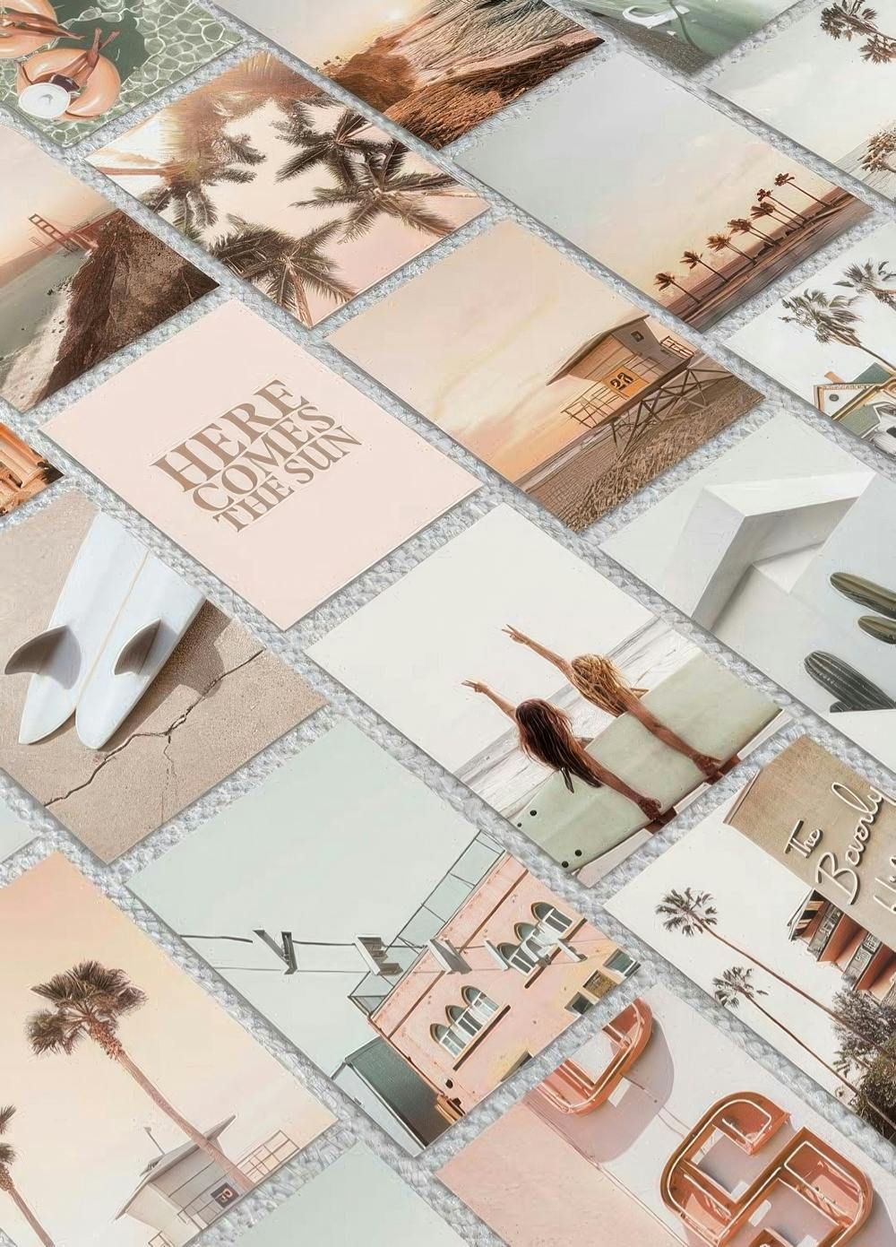 Sunset Collection Poster-Set mit Strandmotiven, Palmen, Surfbrettern und Pastelltönen