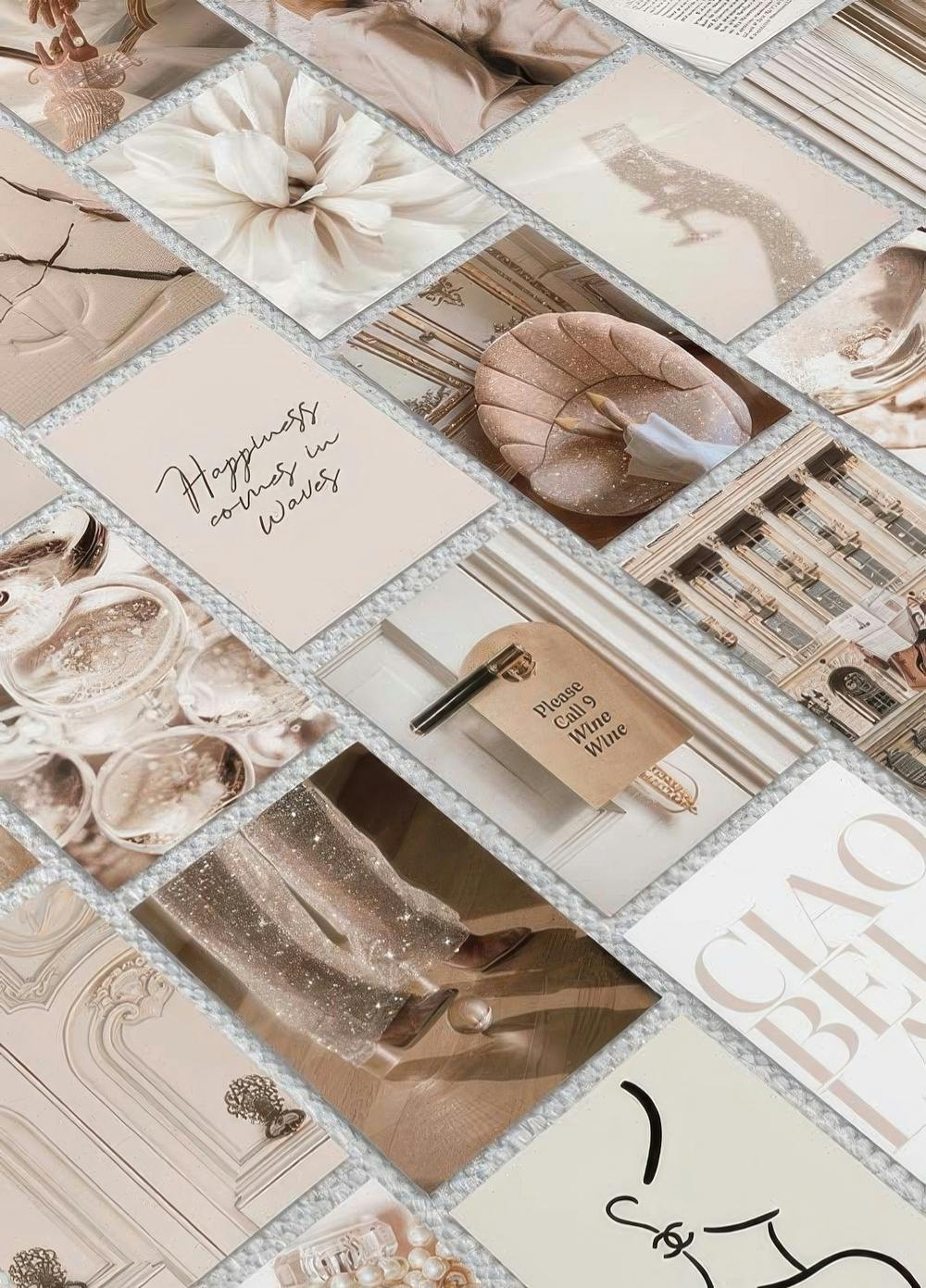 Affiche avec un collage de photos de la collection Lifestyle, tons beiges, motifs floraux, typographie et scènes de vie