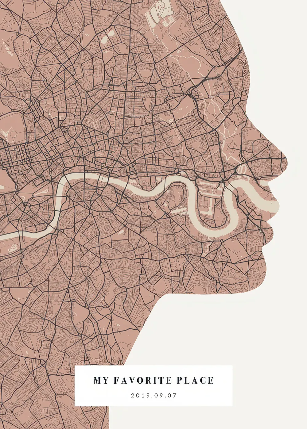 Stadtplan-Poster in Rosa und Dunkelgrau als Gesichtssilhouette mit personalisiertem Text.