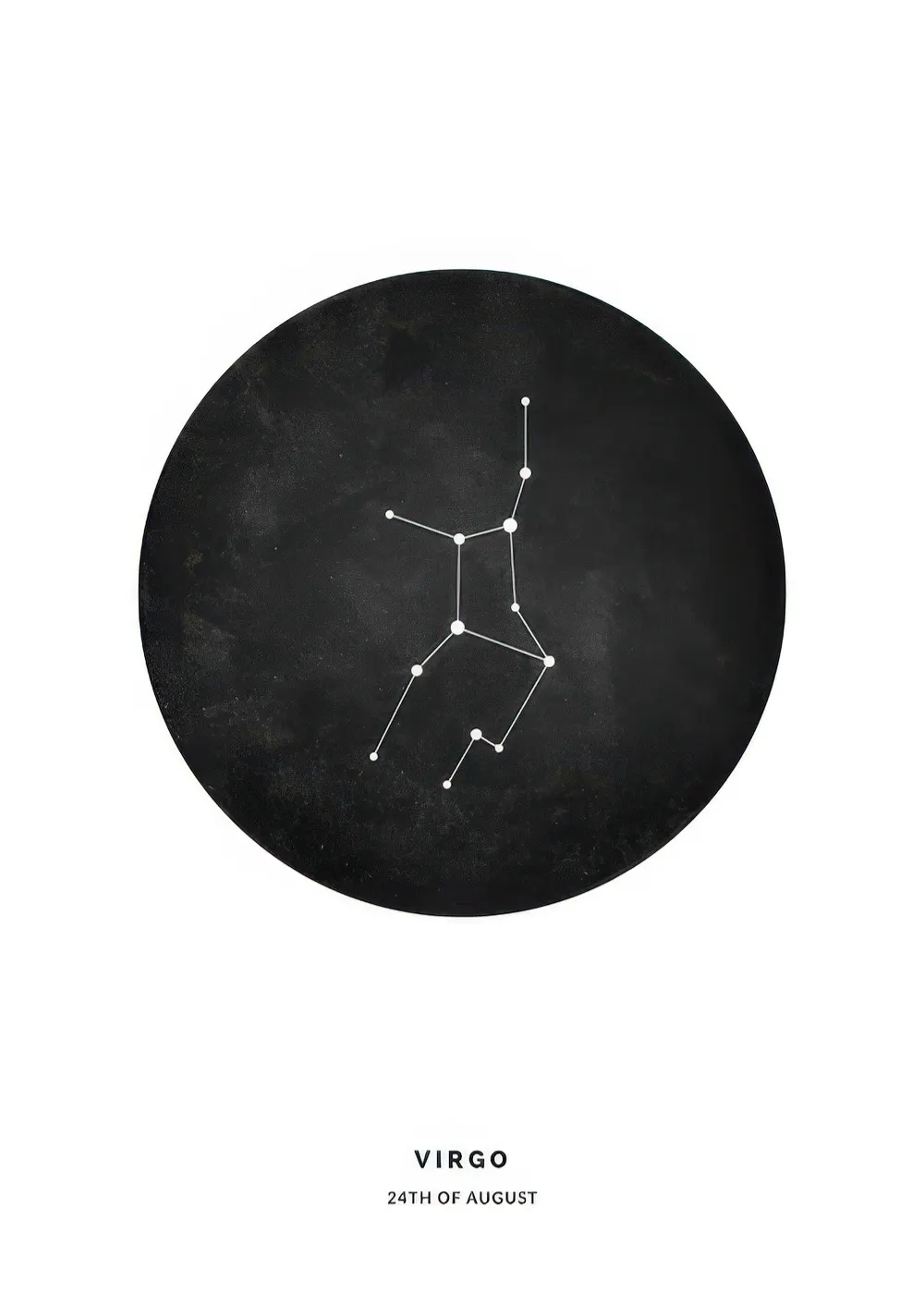 Póster de la constelación de Virgo en un círculo negro sobre fondo blanco, con texto zodiacal.