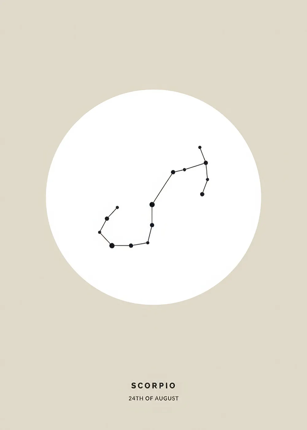 Beige personal print with black Scorpio zodiac constellation in white circle, poster