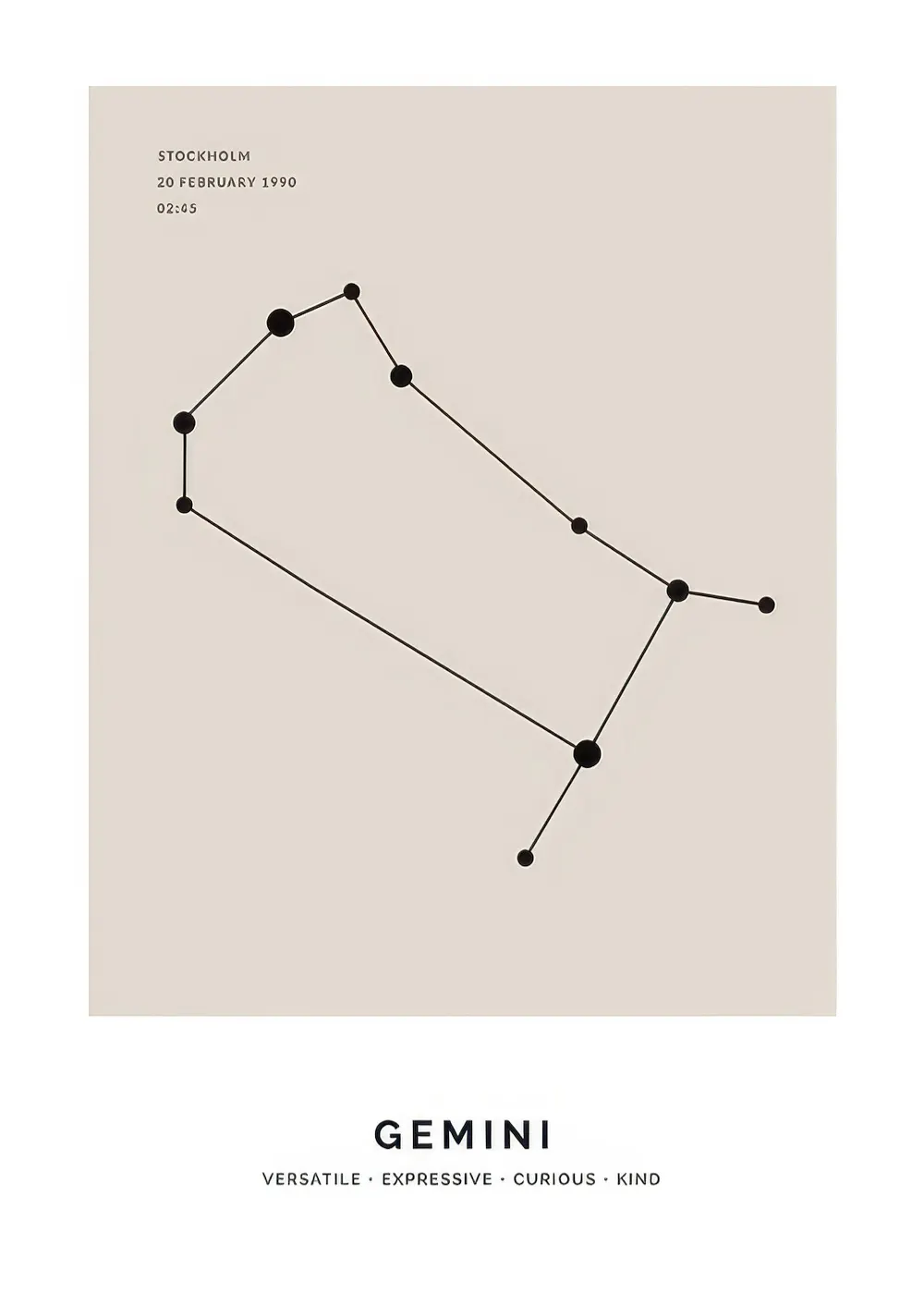 Beige Gemini zodiac constellation art, black lines, minimalist design, elegant personal poster.