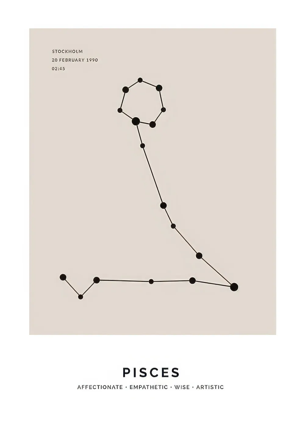 Pisces constellation illustration on a beige background with text, dots, and lines forming the zodiac sign.