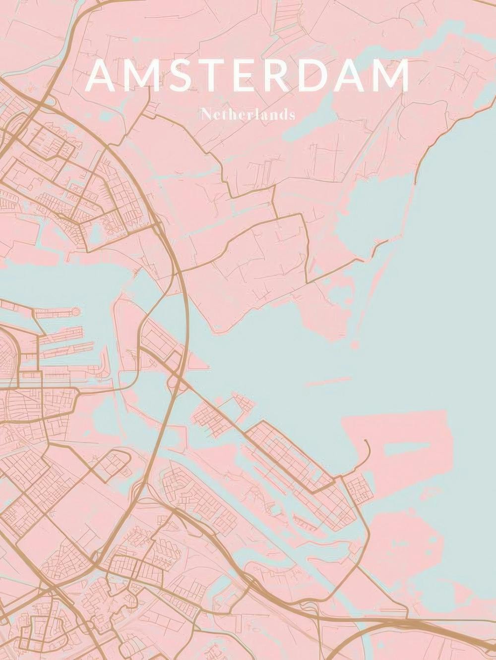 Roze stadsplattegrond van Amsterdam, Nederland, met lichtblauwe waterwegen en bruine straten.