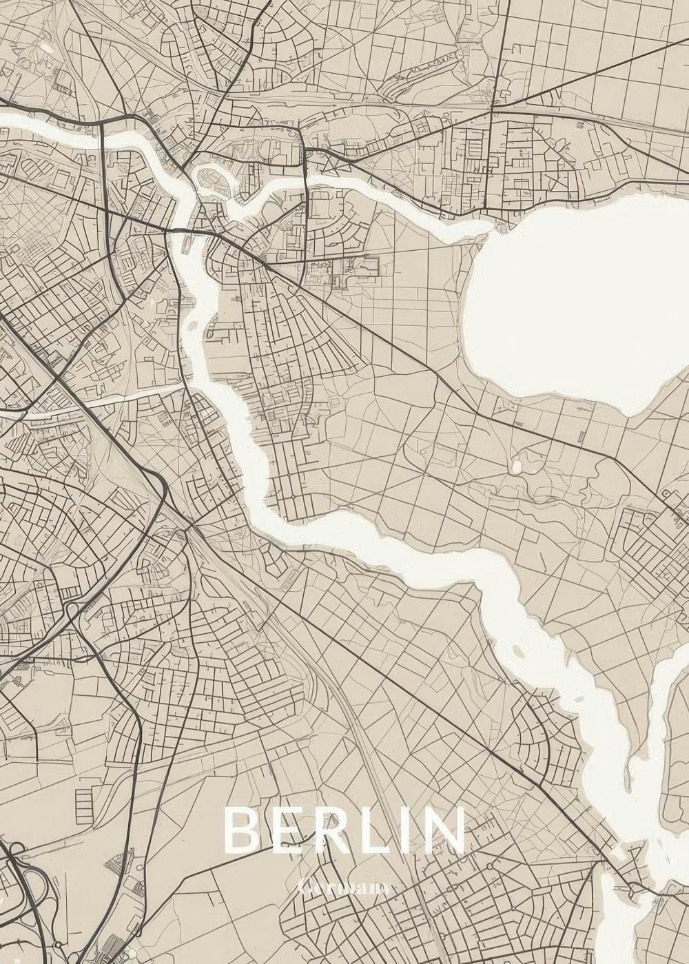 Beige stadskarta med vita gator och ljusa vattenområden. Texten BERLIN står i vitt längst ner.