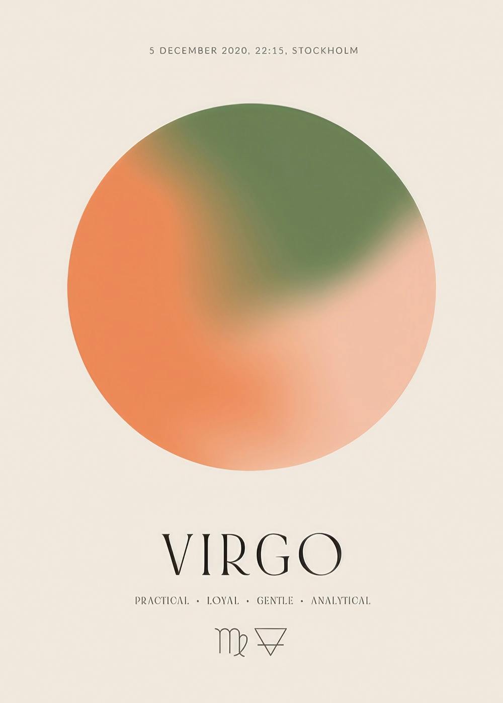 Personlig poster med ett abstrakt orange och grönt klot och texten VIRGO, hängande ovanför ett sängbord i ett sovrum.