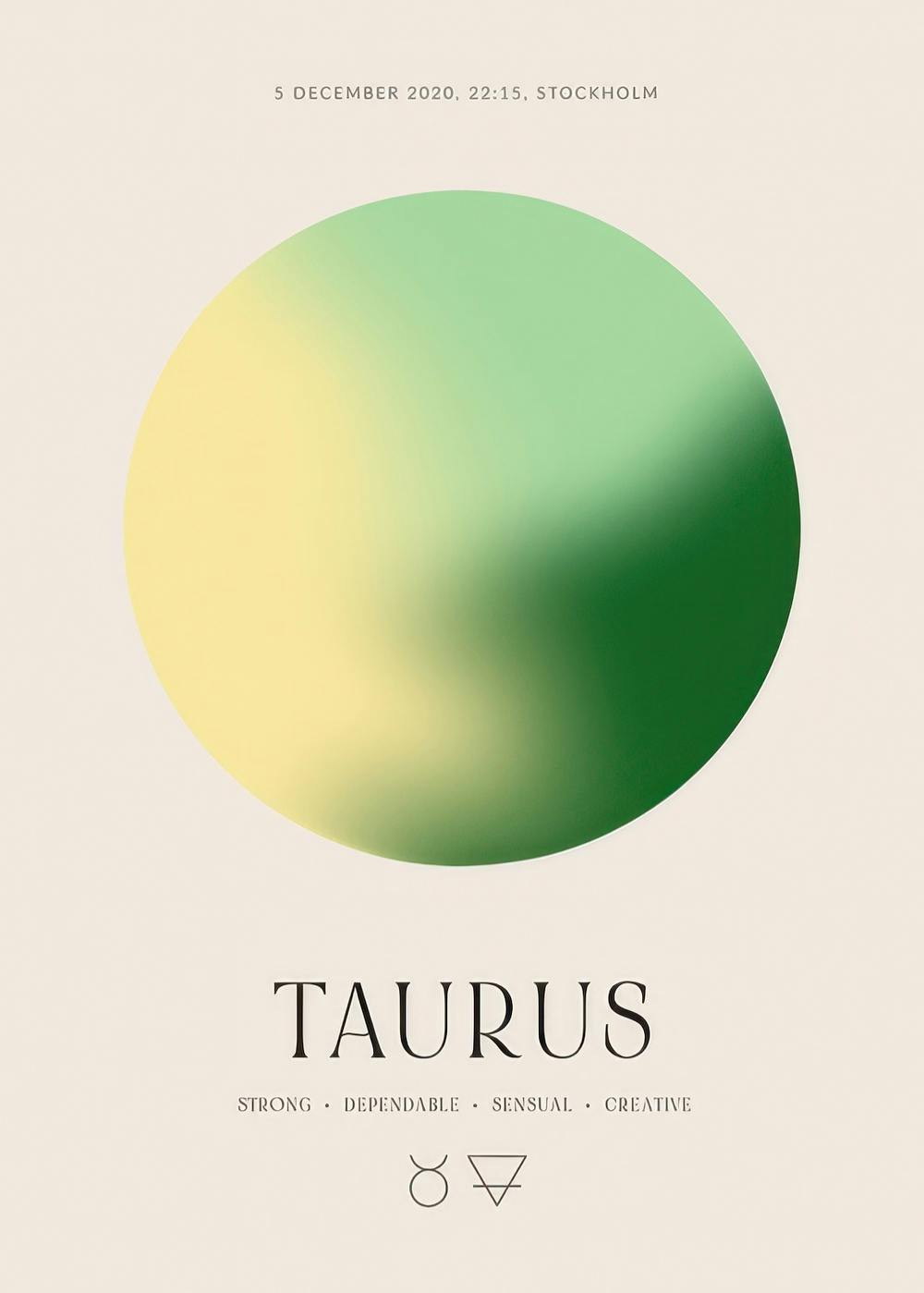 Affiche Taureau personnalisée avec un globe vert et jaune, texte noir et symboles astrologiques.