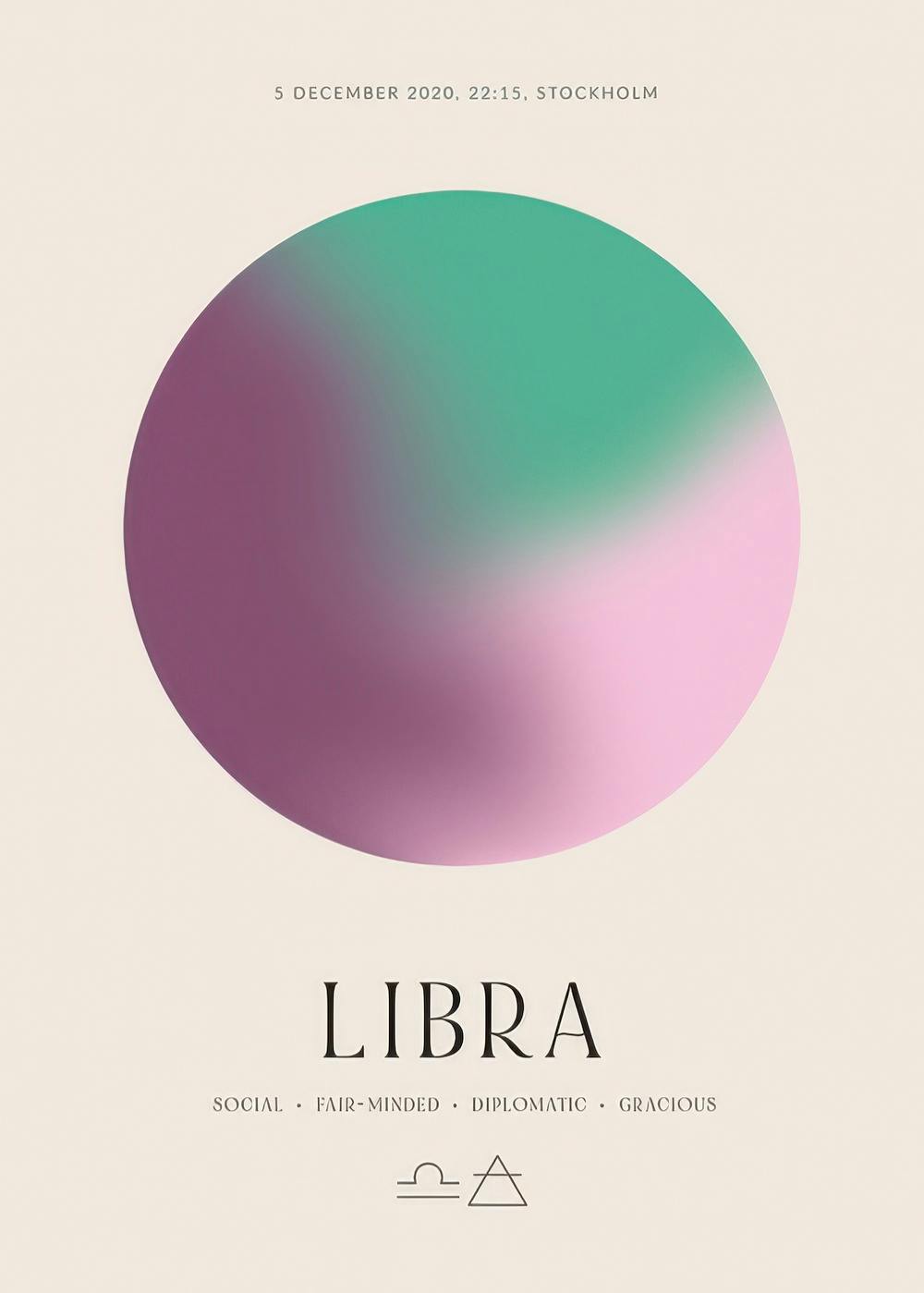 Personlig väggkonst för Vågen med en lila, rosa och grön cirkel. En elegant poster som visar stjärntecknets egenskaper.