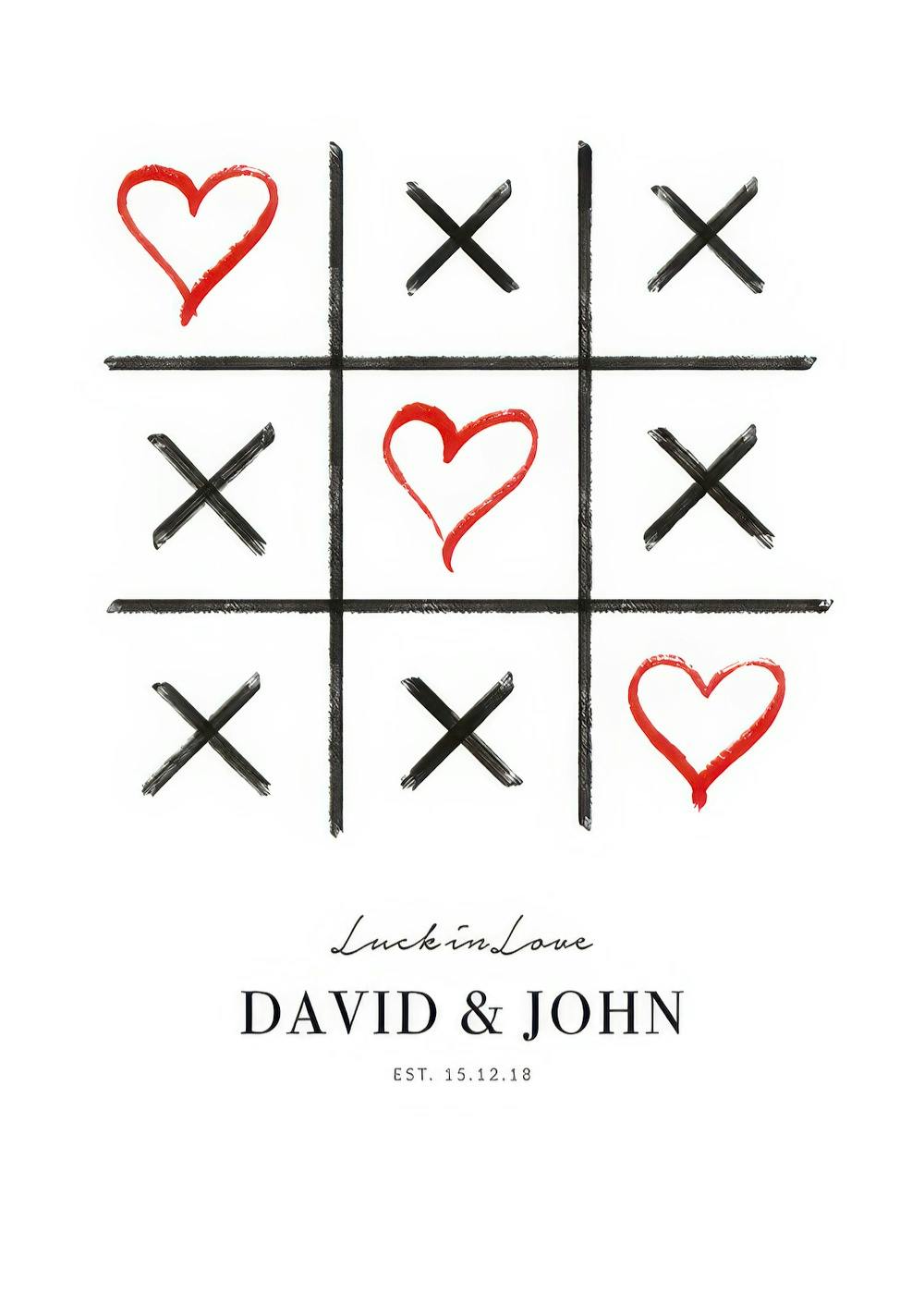 Póster Luck in Love con tres corazones rojos en línea y texto personalizable.