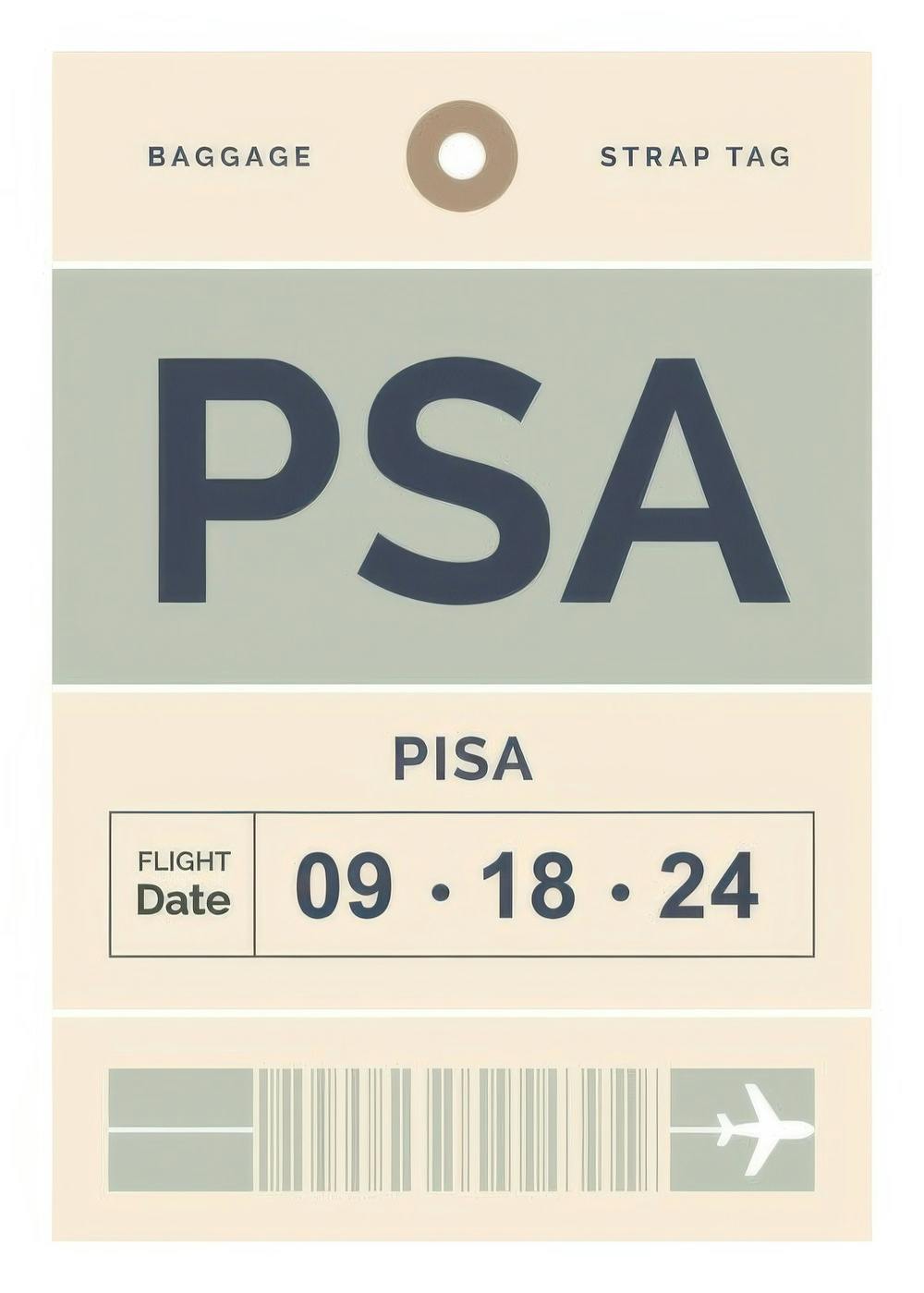 Póster que simula una etiqueta de equipaje verde con PISA y una fecha, evocando recuerdos de viaje y vacaciones.