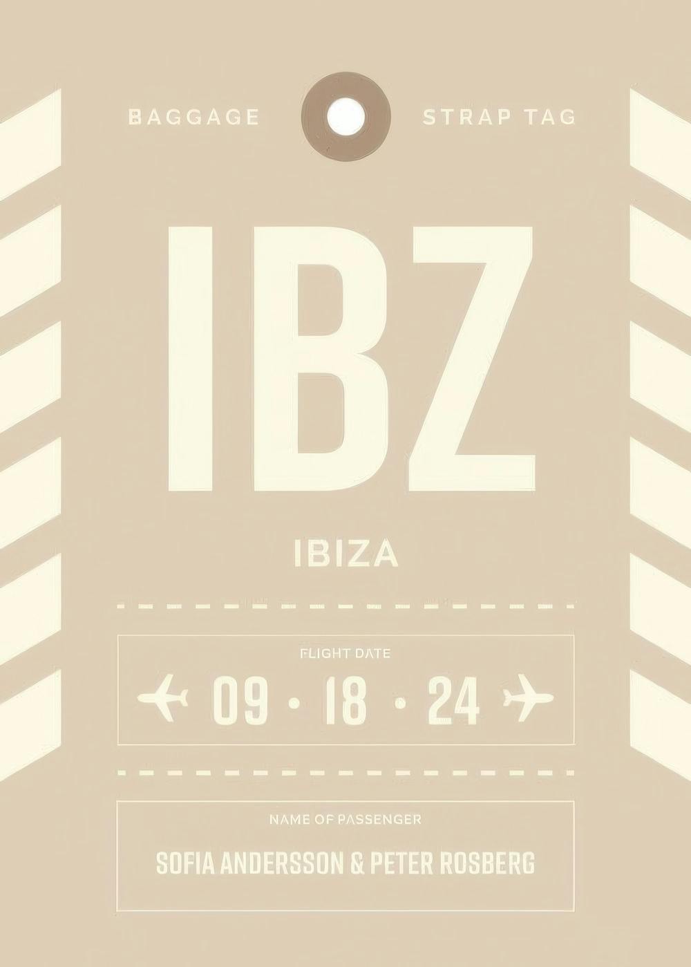 Beiges personalisiertes Poster im Stil eines Gepäckanhängers mit IBZ Ibiza, Flugdatum und Passagiernamen.