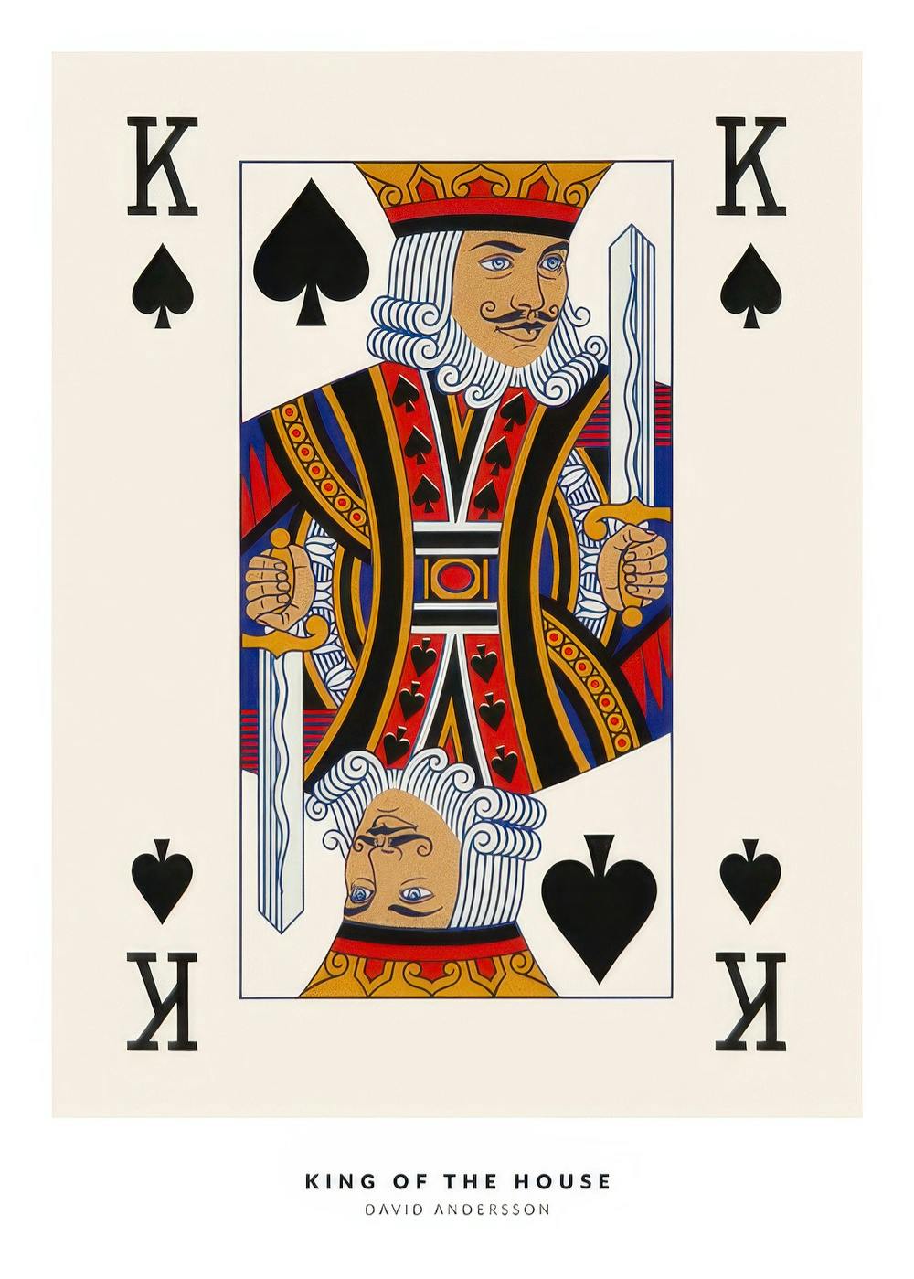Póster ilustración rey de espadas con barba, corona, traje rojo y azul, espadas, sobre fondo crema. Arte de cartas.