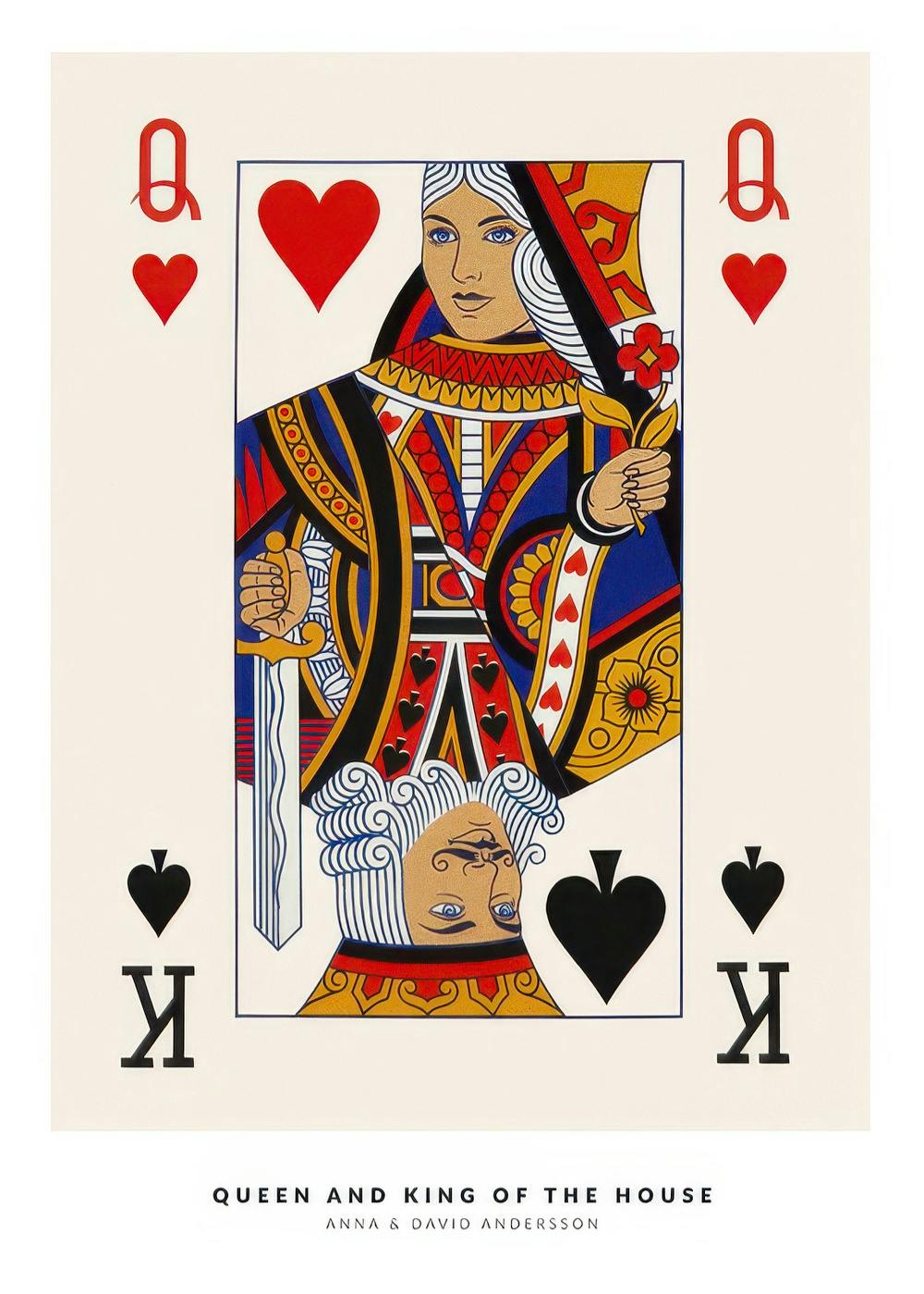 Póster de carta de juego con reina de corazones y rey de picas, arte pop.