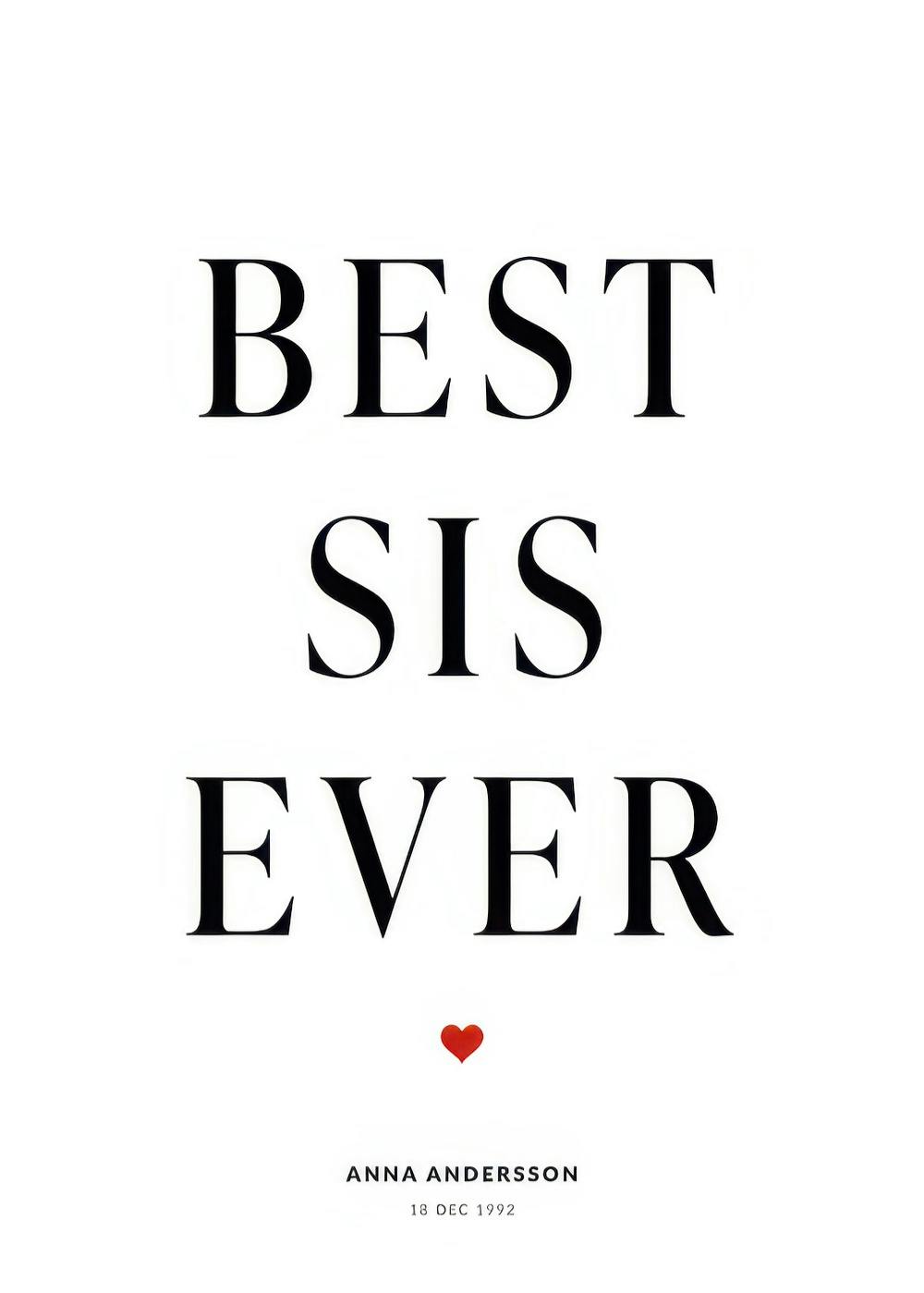 Personalizowany plakat z napisem BEST SIS EVER i czerwonym sercem, idealny prezent dla siostry.