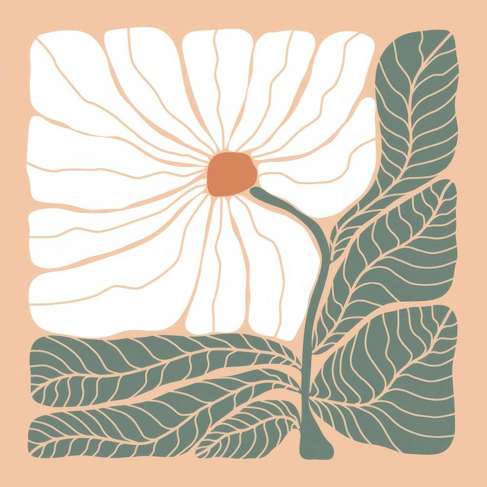 Affiche de fleur abstraite blanche avec des lignes ondulées et des grandes feuilles vertes sur fond pêche. typographie florale