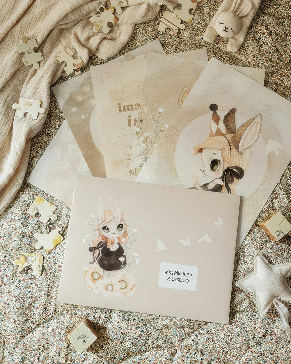 Póster Story of the Doves com ilustrações de criança, coelho, veado e pombas em tons pastel, design Mrs. Mighetto