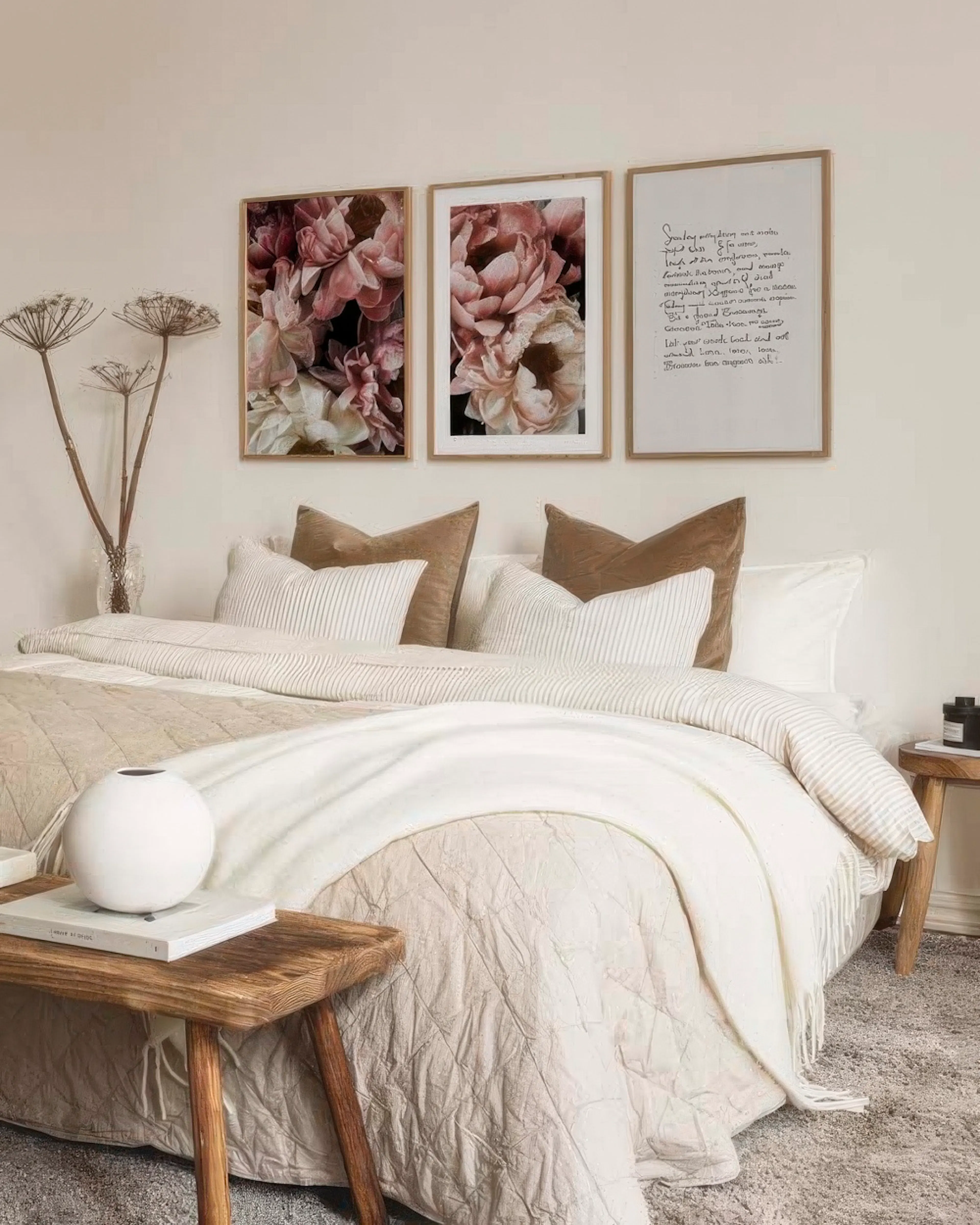 Pink and beige flower art print with peonies and a love quote, ideal for a romantic poster