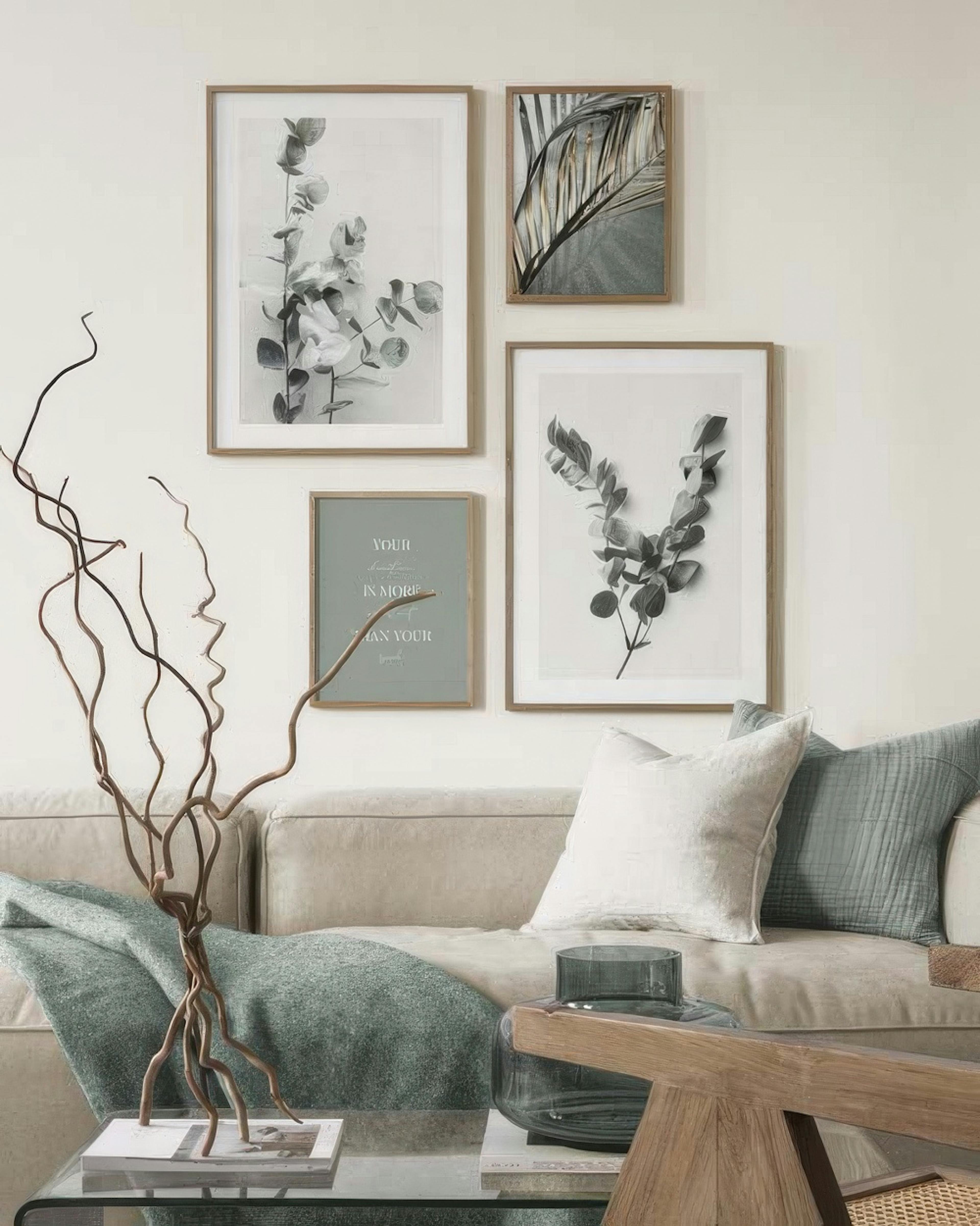 Botanical Green Collection poster pack featuring eucalyptus twigs, palm leaves, and abstract art for a calm gallery wall.